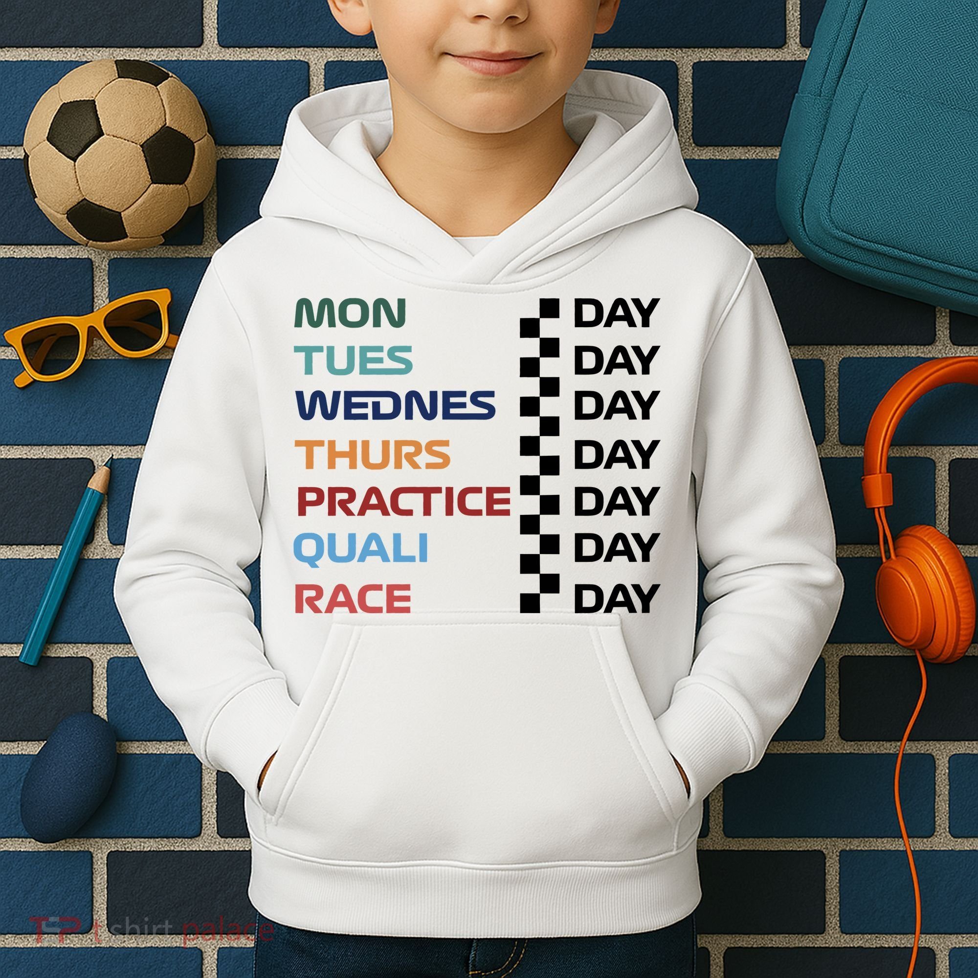 Mon Tues Wednes Thurs Practice Quali Race Day Kids Hoodie