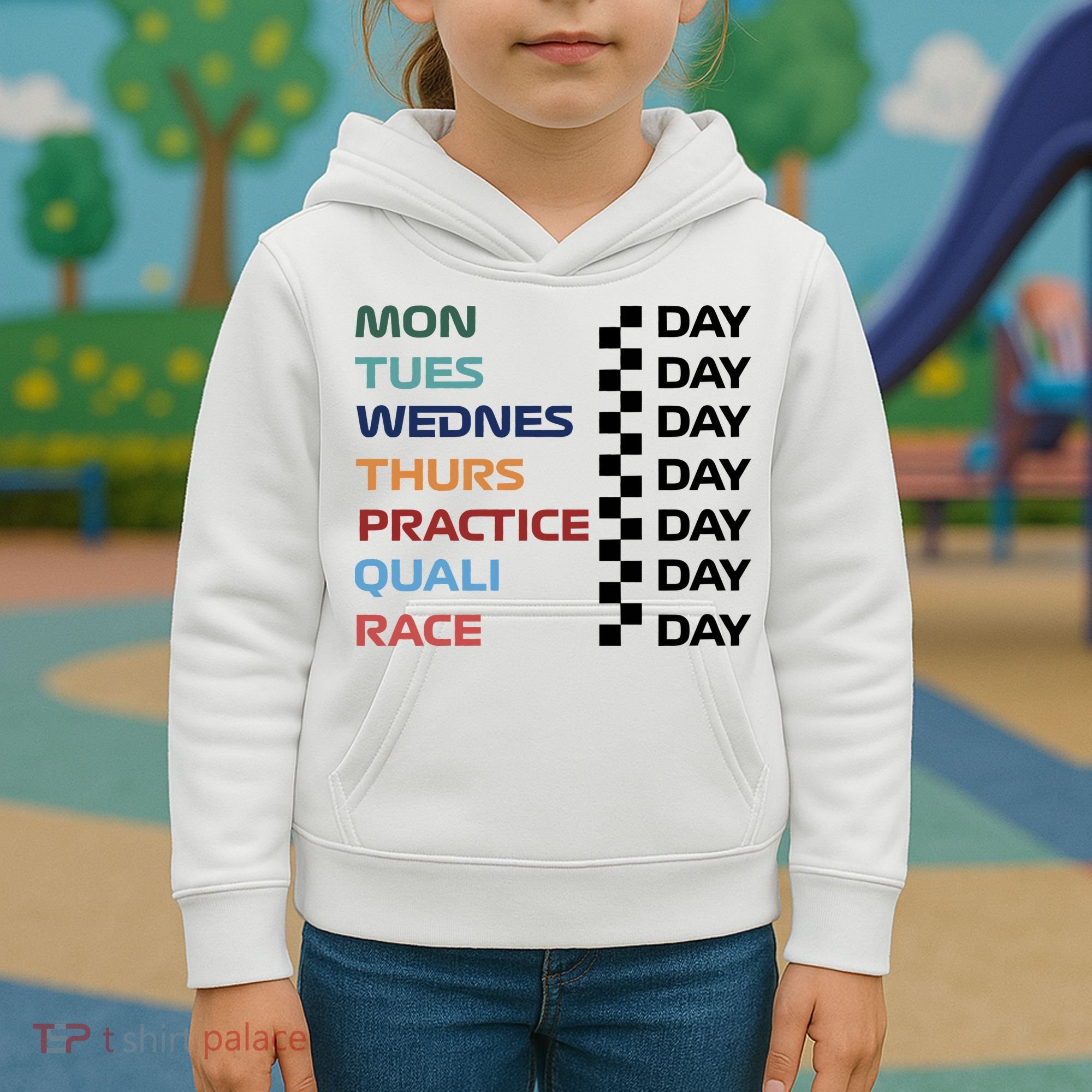 Mon Tues Wednes Thurs Practice Quali Race Day Kids Hoodie
