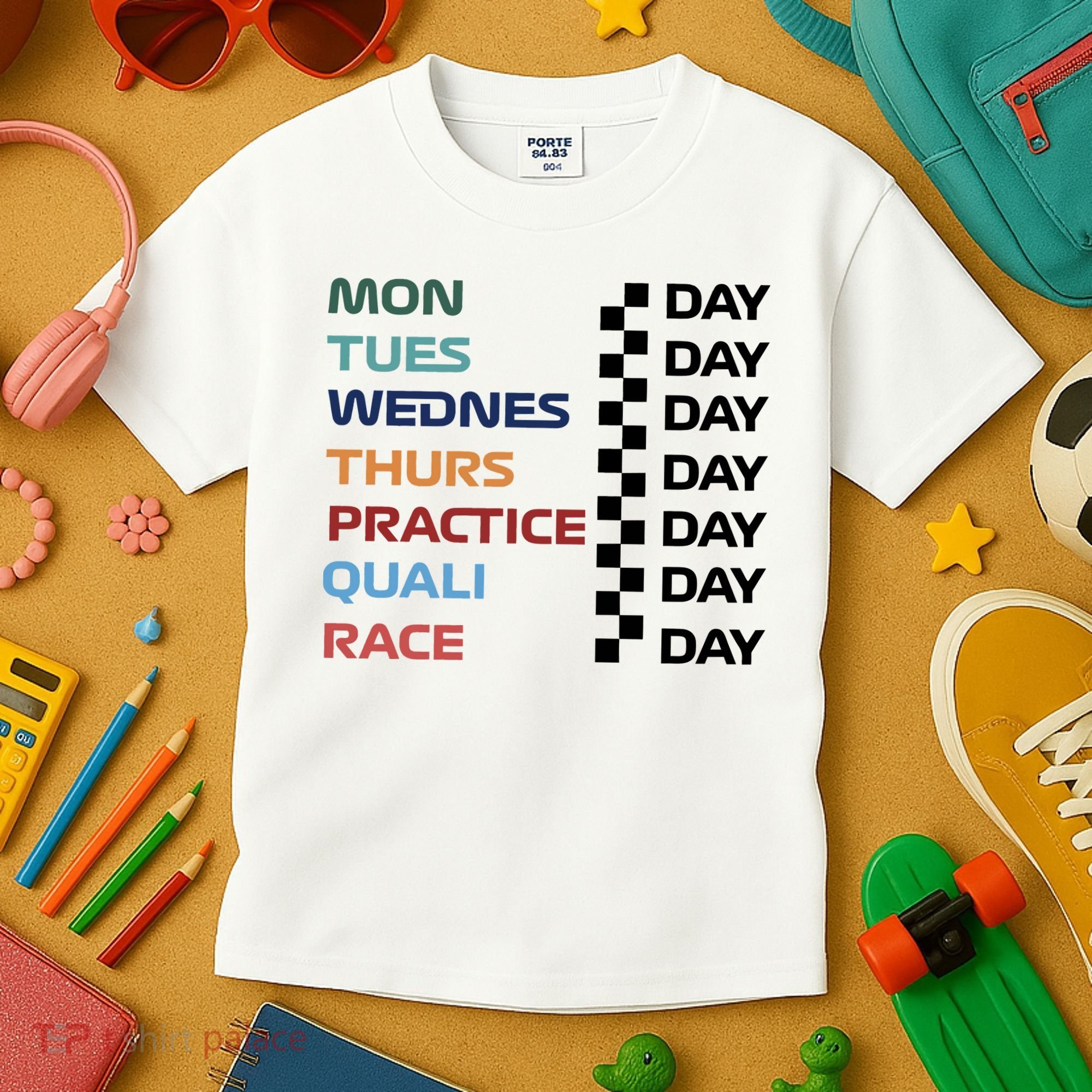 Mon Tues Wednes Thurs Practice Quali Race Day Kids T-Shirt