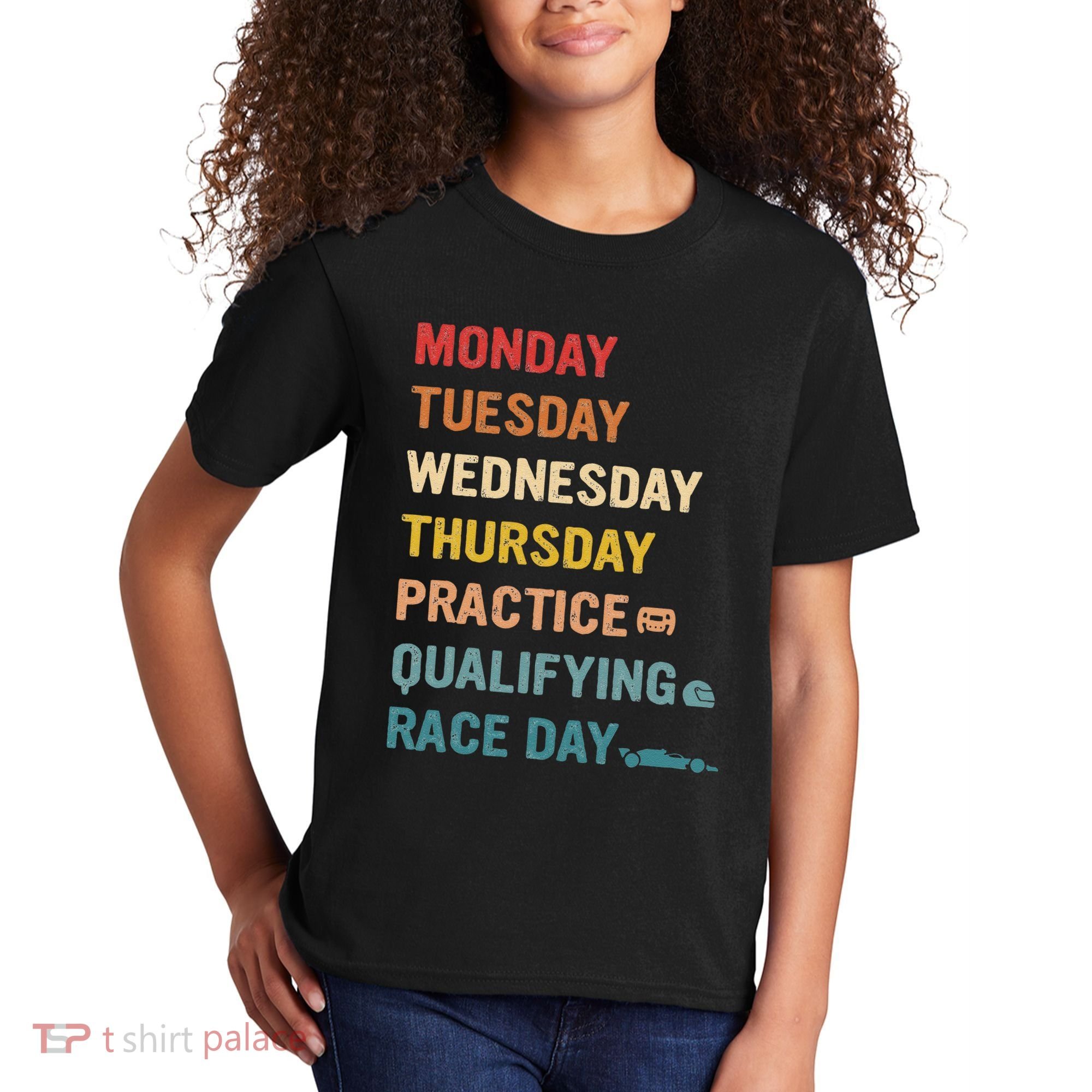 Mon Tue Wed Thu Practice Qualifying Race Day Kids T-Shirt