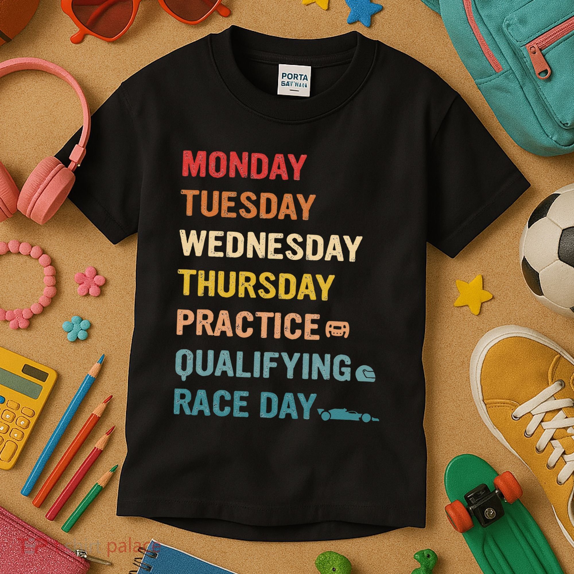 Mon Tue Wed Thu Practice Qualifying Race Day Kids T-Shirt