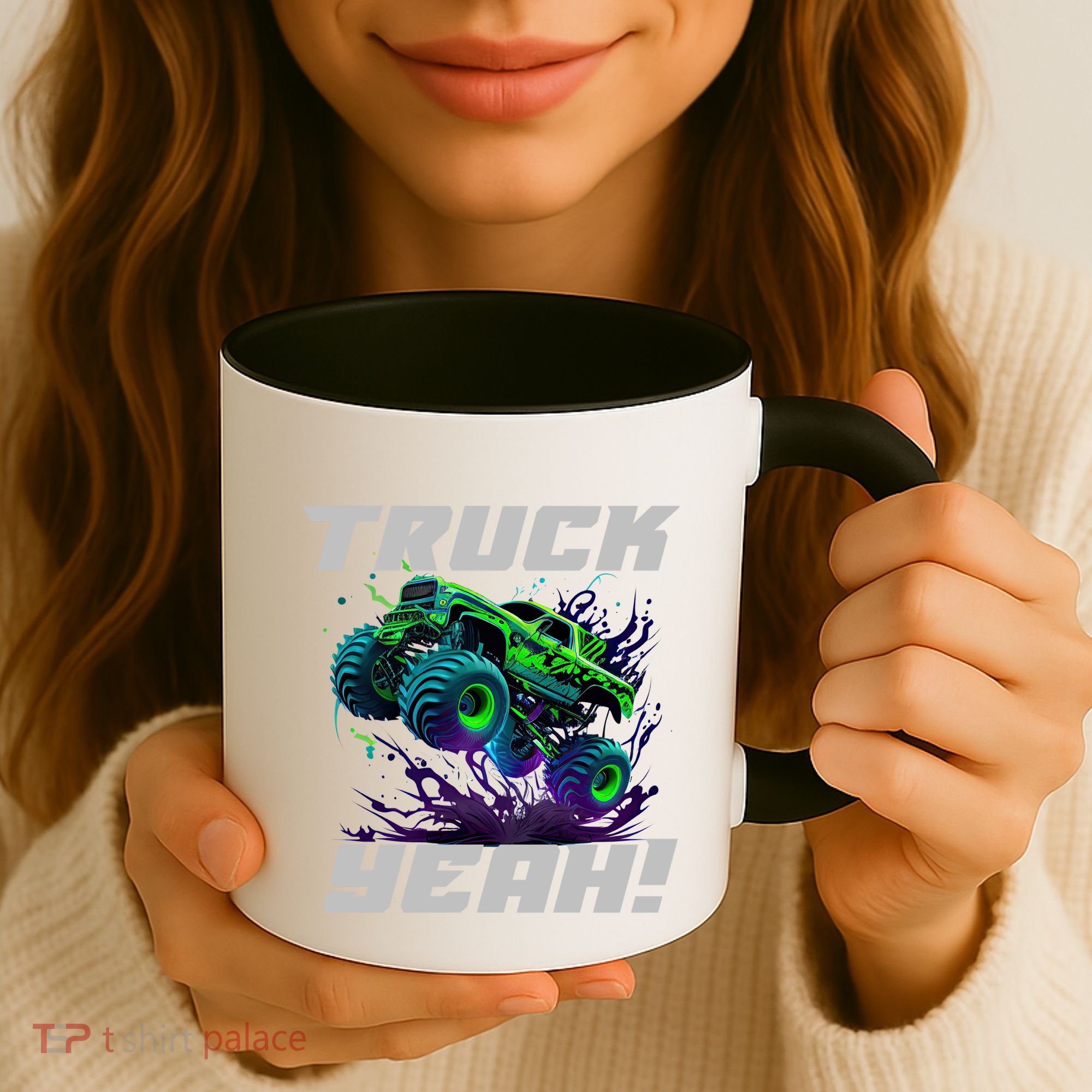 Monster Truck Yeah Cool Vaporwave Mud Splattered Green Blue Gift Coffee Mug