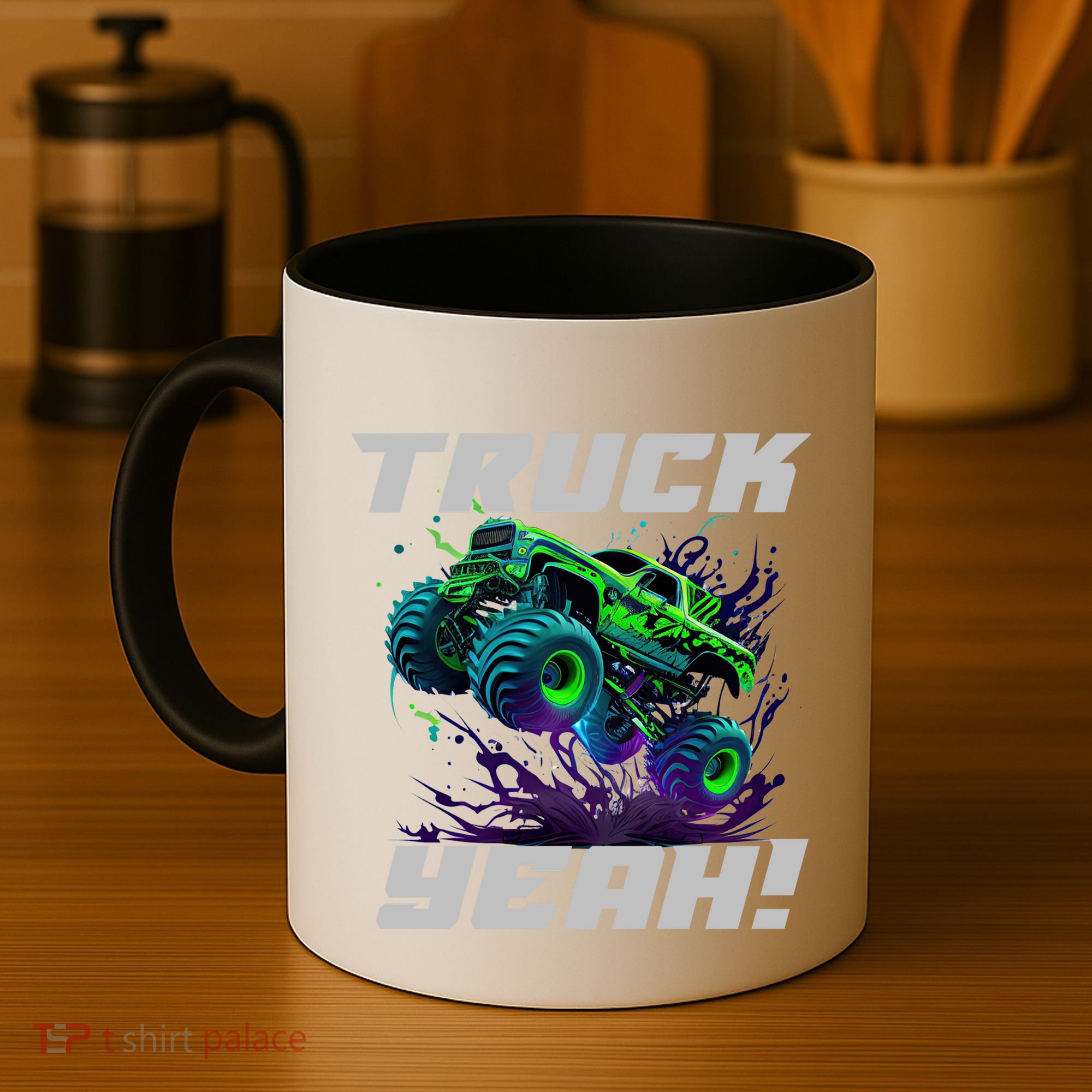 Monster Truck Yeah Cool Vaporwave Mud Splattered Green Blue Gift Coffee Mug