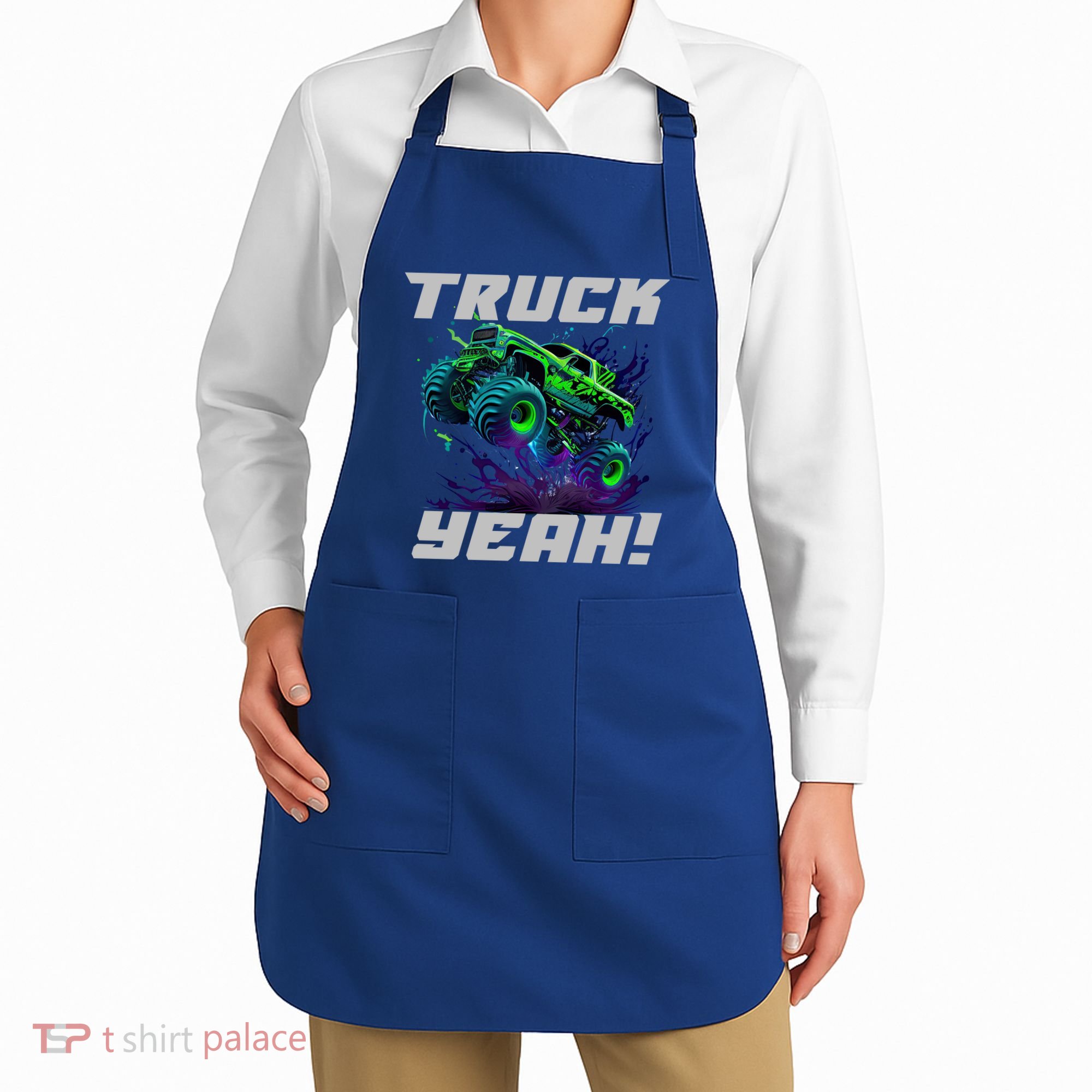 Monster Truck Yeah Cool Vaporwave Mud Splattered Green Blue Gift Apron