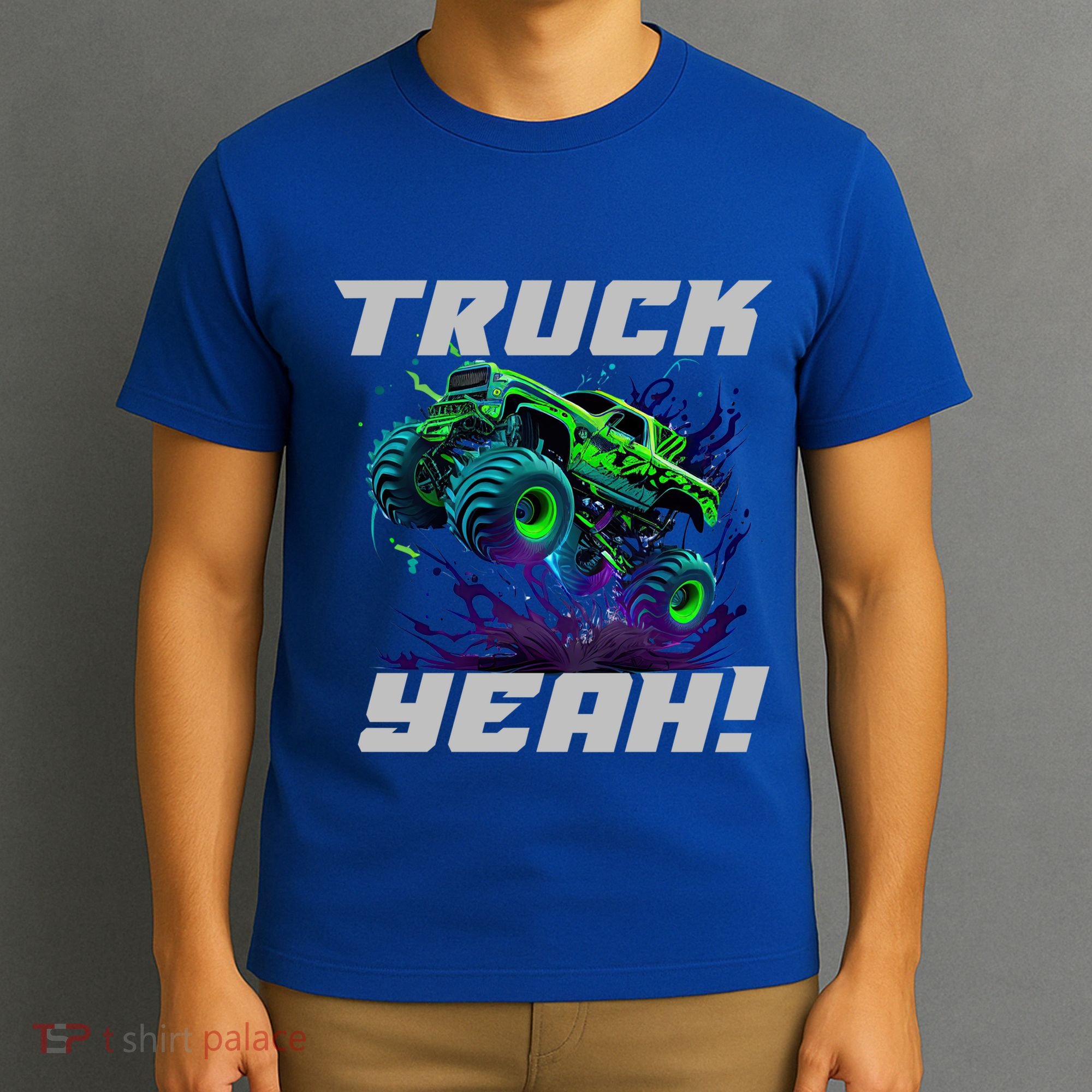 Monster Truck Yeah Cool Vaporwave Mud Splattered Green Blue Gift T-Shirt