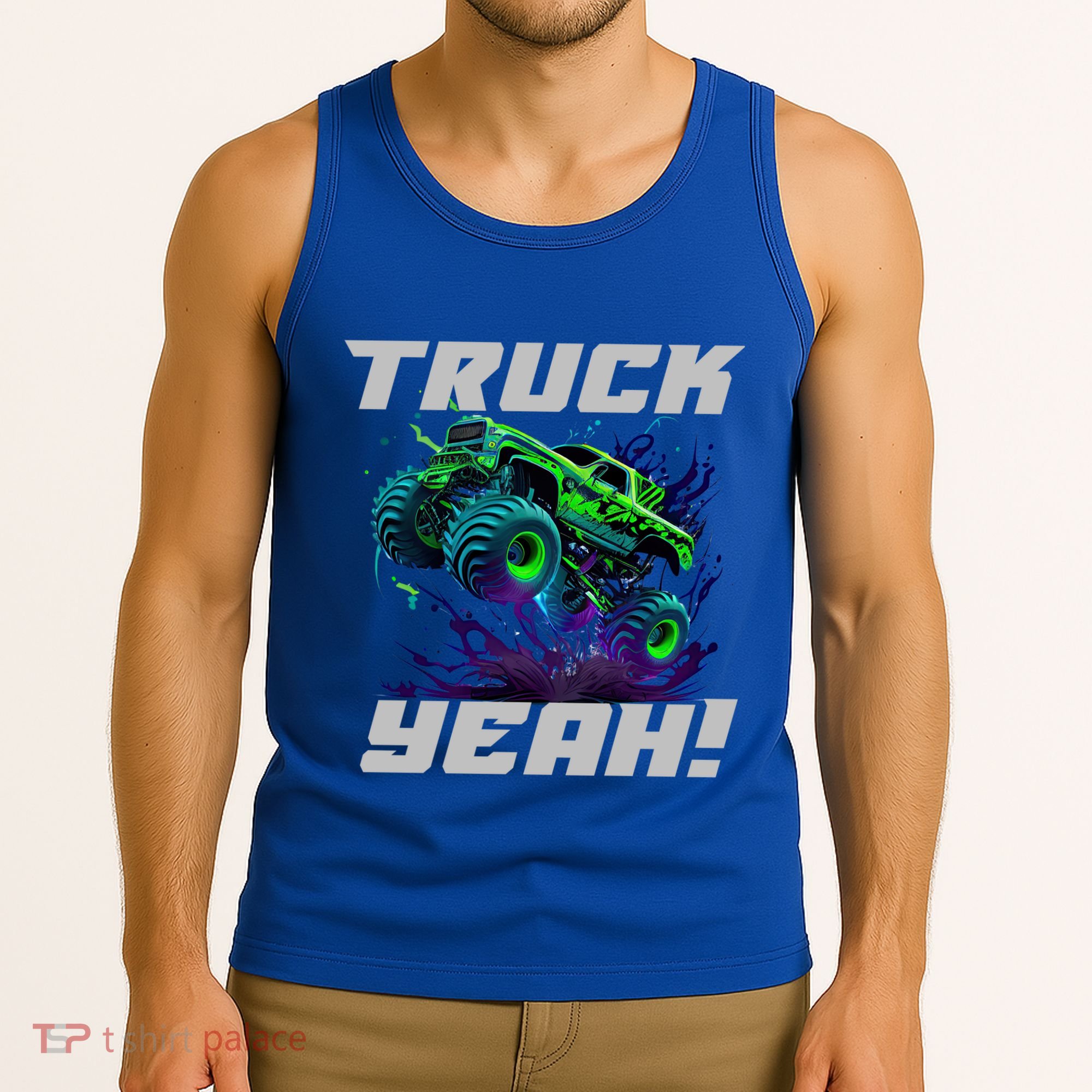 Monster Truck Yeah Cool Vaporwave Mud Splattered Green Blue Gift Tank Top