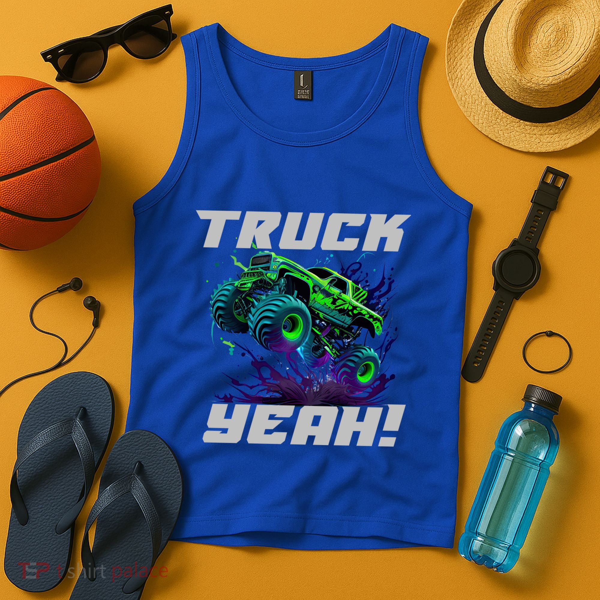 Monster Truck Yeah Cool Vaporwave Mud Splattered Green Blue Gift Tank Top