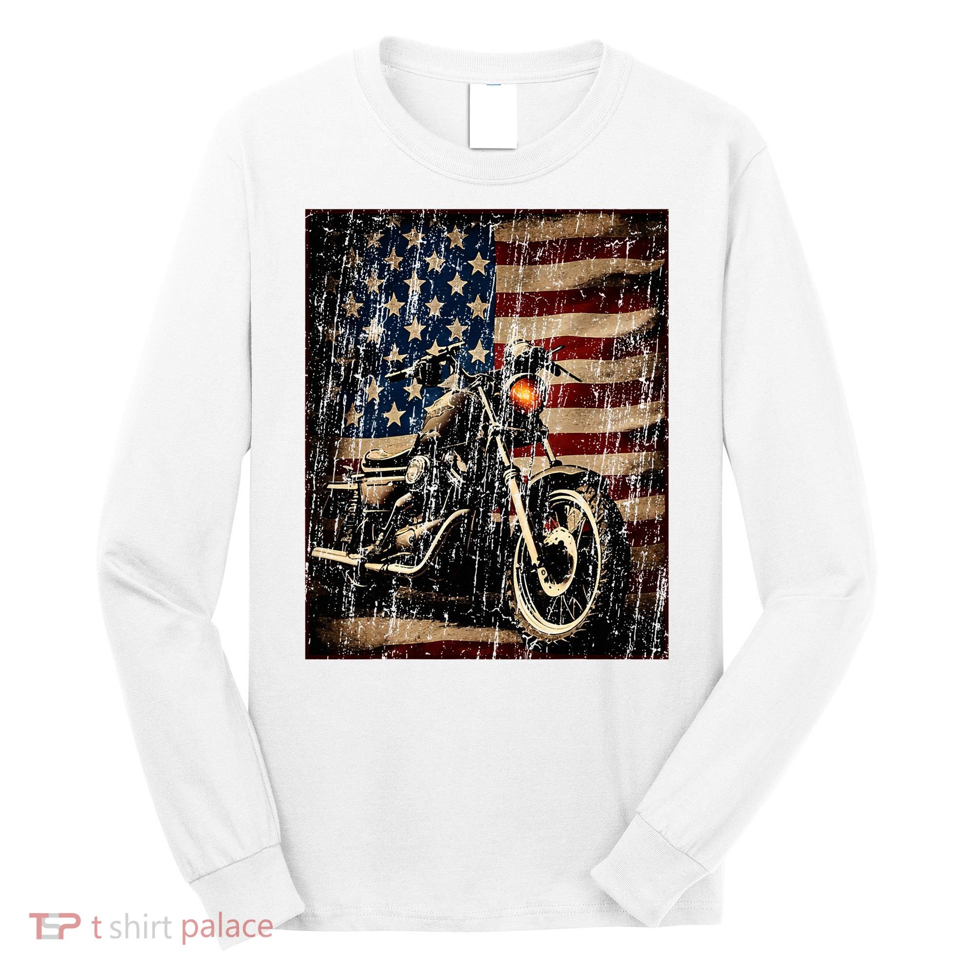 Motorcycle USA Flag Retro Biker Long Sleeve Shirt
