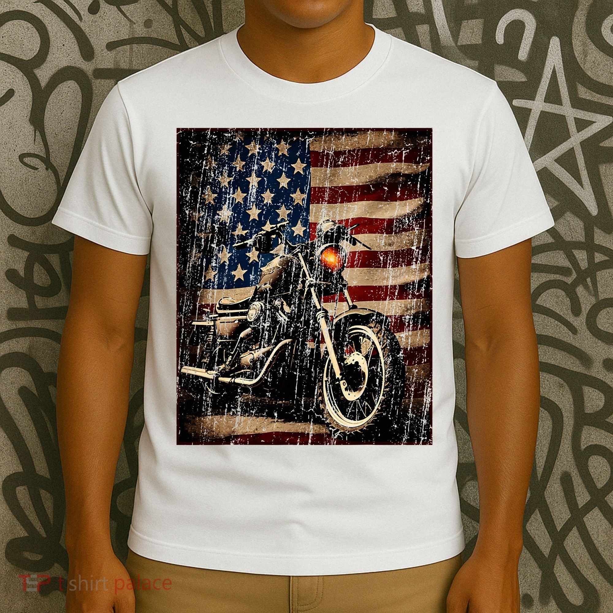 Motorcycle USA Flag Retro Biker T-Shirt