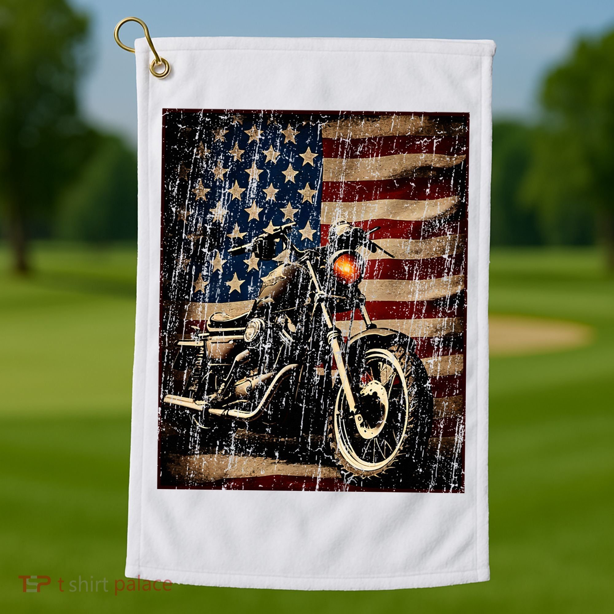 Motorcycle USA Flag Retro Biker Golf Towel