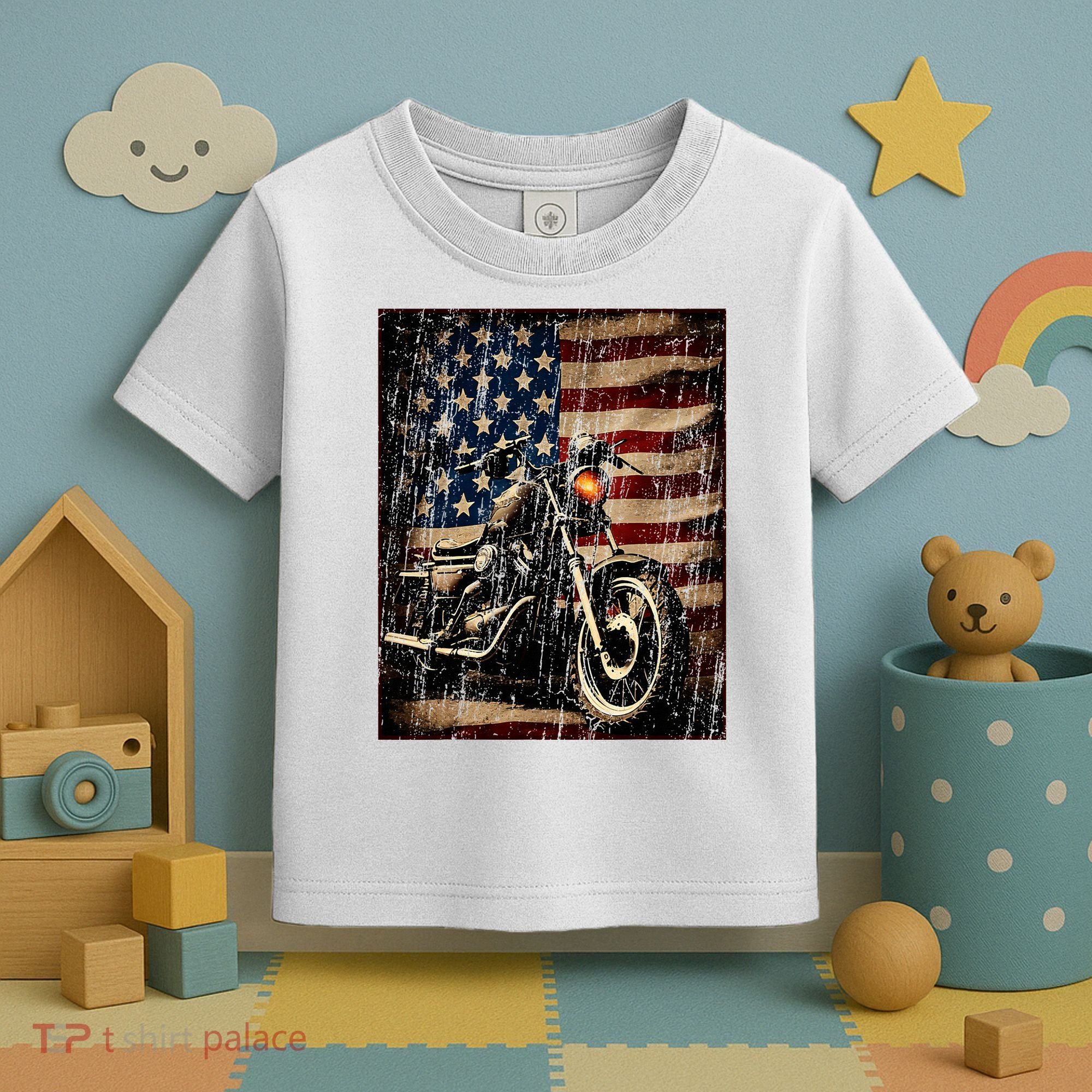 Motorcycle USA Flag Retro Biker Toddler T-Shirt