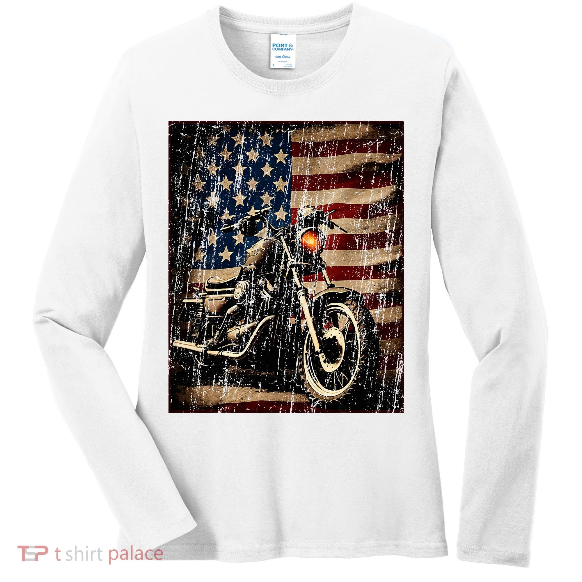 Motorcycle USA Flag Retro Biker Women's Long Sleeve Shirt