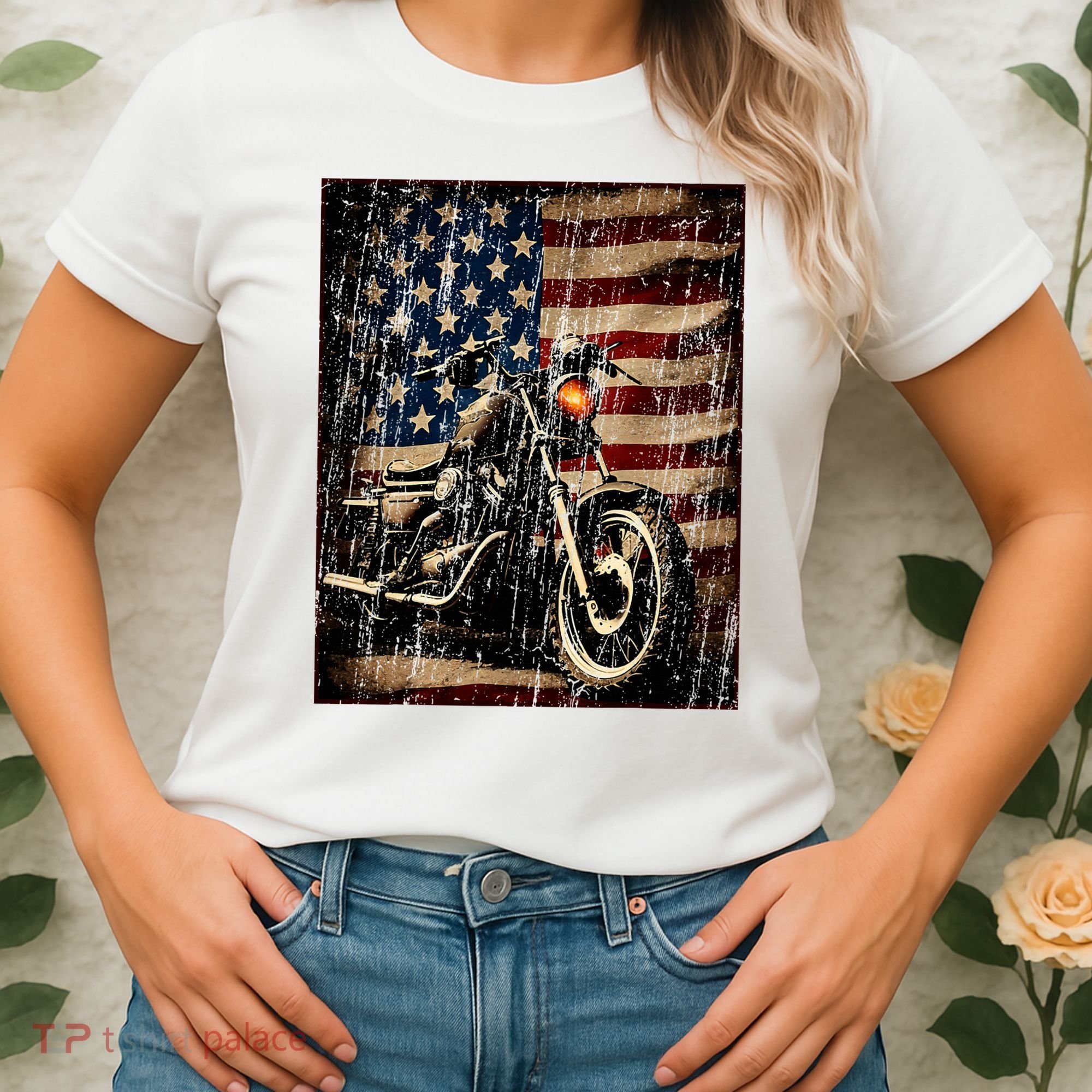 Motorcycle USA Flag Retro Biker Women's T-Shirt