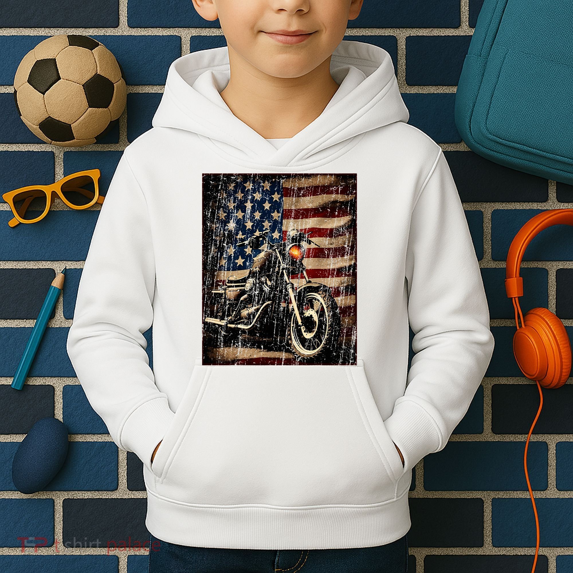 Motorcycle USA Flag Retro Biker Kids Hoodie