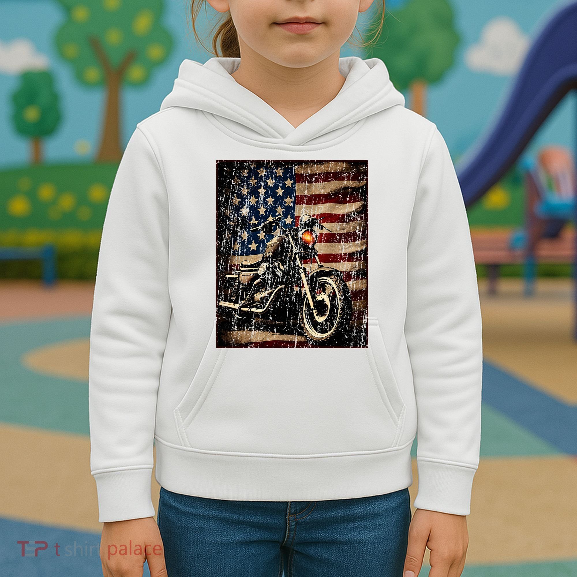 Motorcycle USA Flag Retro Biker Kids Hoodie