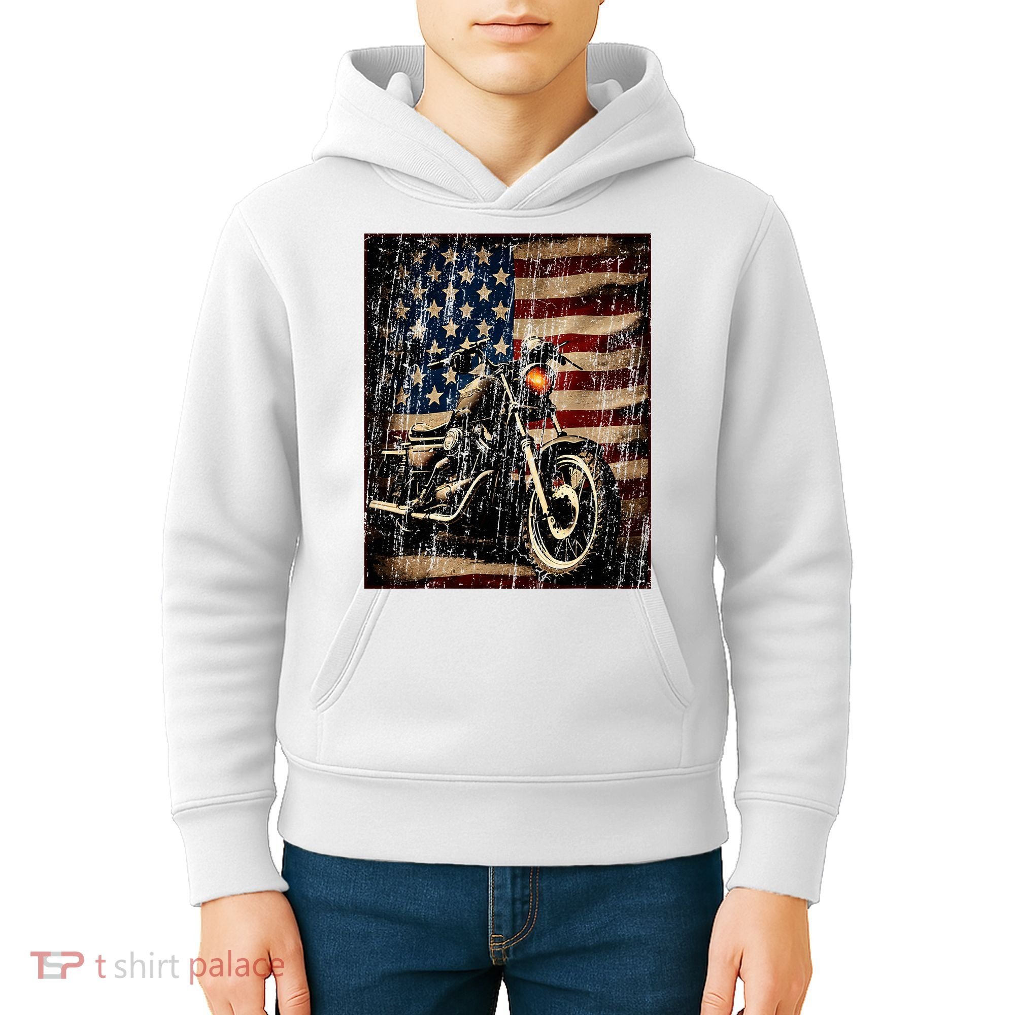 Motorcycle USA Flag Retro Biker Kids Hoodie
