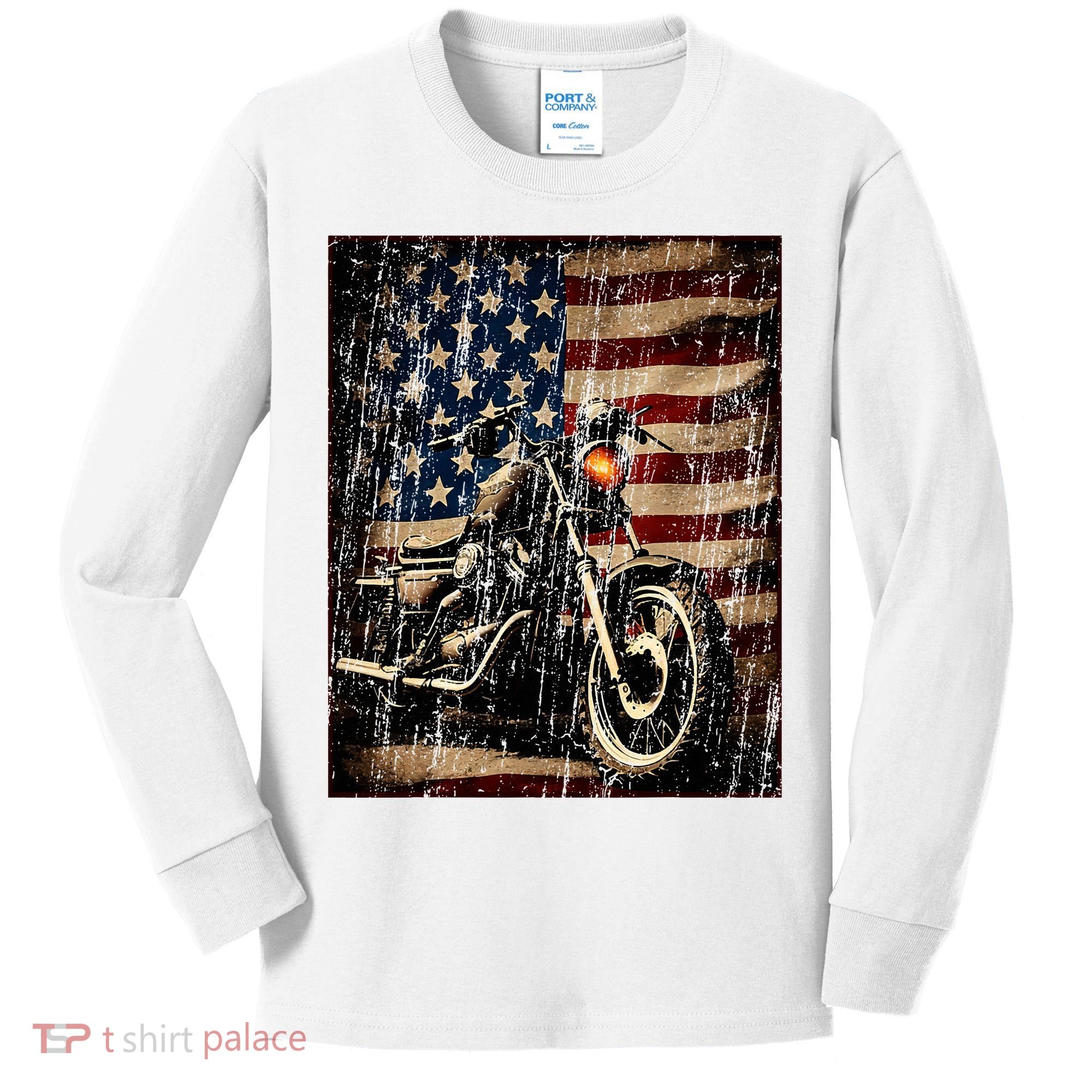 Motorcycle USA Flag Retro Biker Kids Long Sleeve Shirt