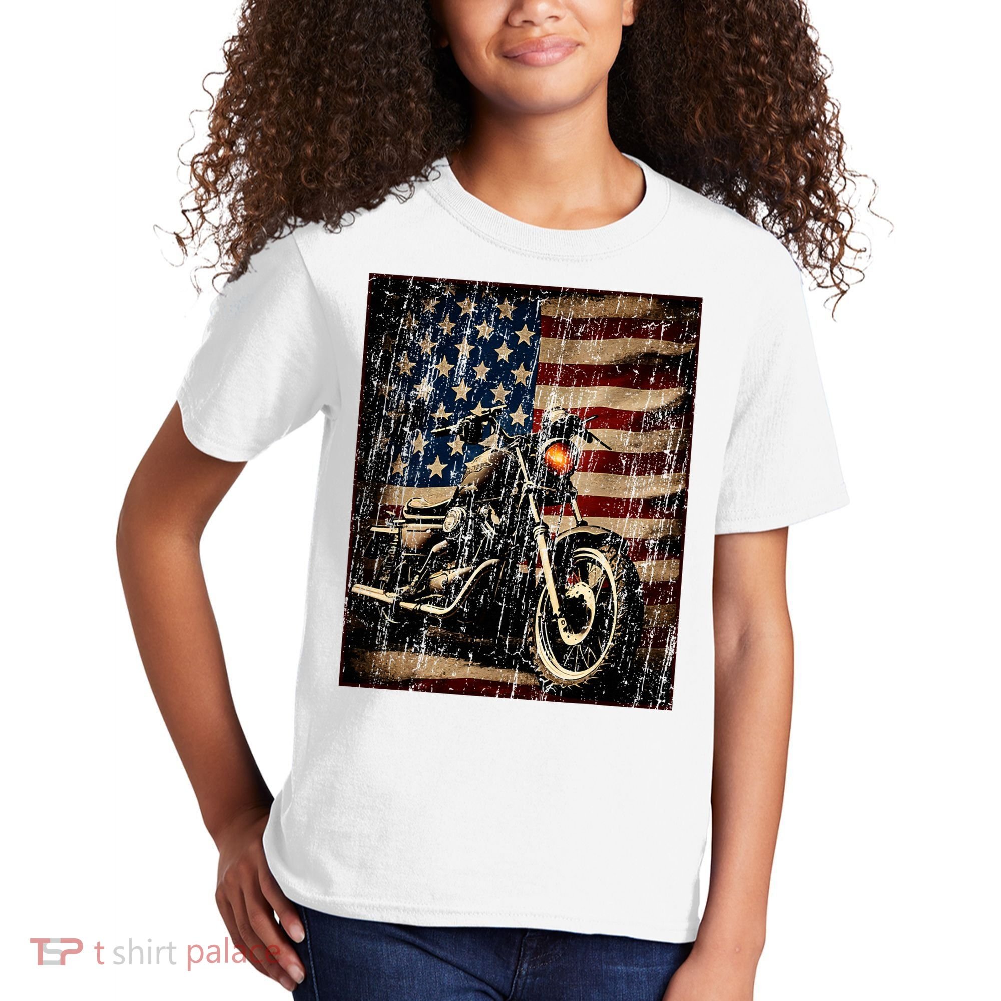 Motorcycle USA Flag Retro Biker Kids T-Shirt
