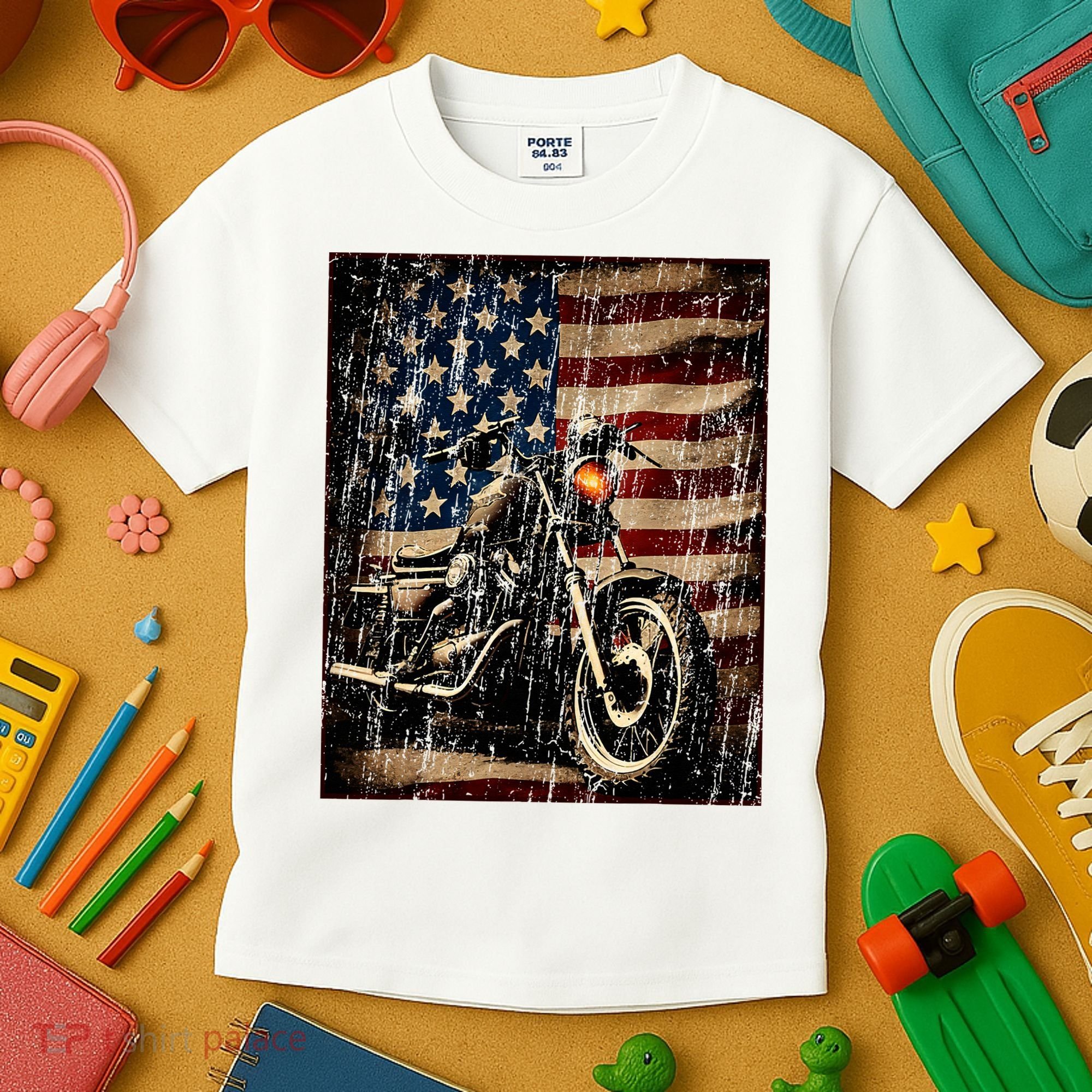 Motorcycle USA Flag Retro Biker Kids T-Shirt