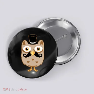 Mustache Owl With Hat Button