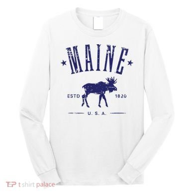 Maine Usa With Moose Distressed Design Souvenir Long Sleeve Shirt