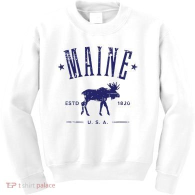 Maine Usa With Moose Distressed Design Souvenir Kids Sweatshirt