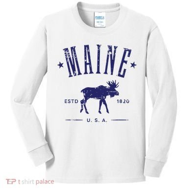 Maine Usa With Moose Distressed Design Souvenir Kids Long Sleeve Shirt