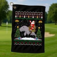 Manatee Ugly Xmas Gift Santa Riding Atee Christmas Cool Gift Golf Towel thumb 1