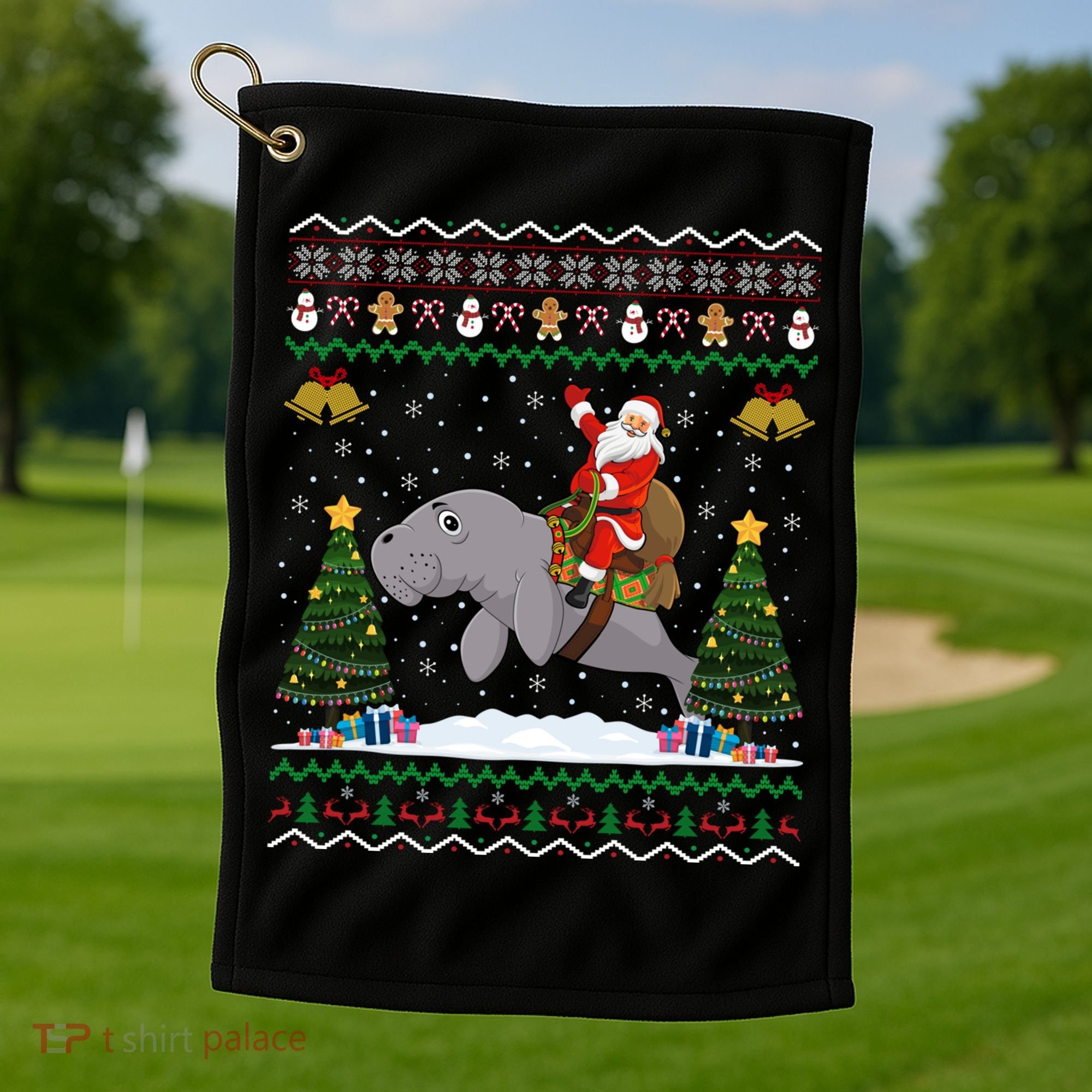 Manatee Ugly Xmas Gift Santa Riding Atee Christmas Cool Gift Golf Towel