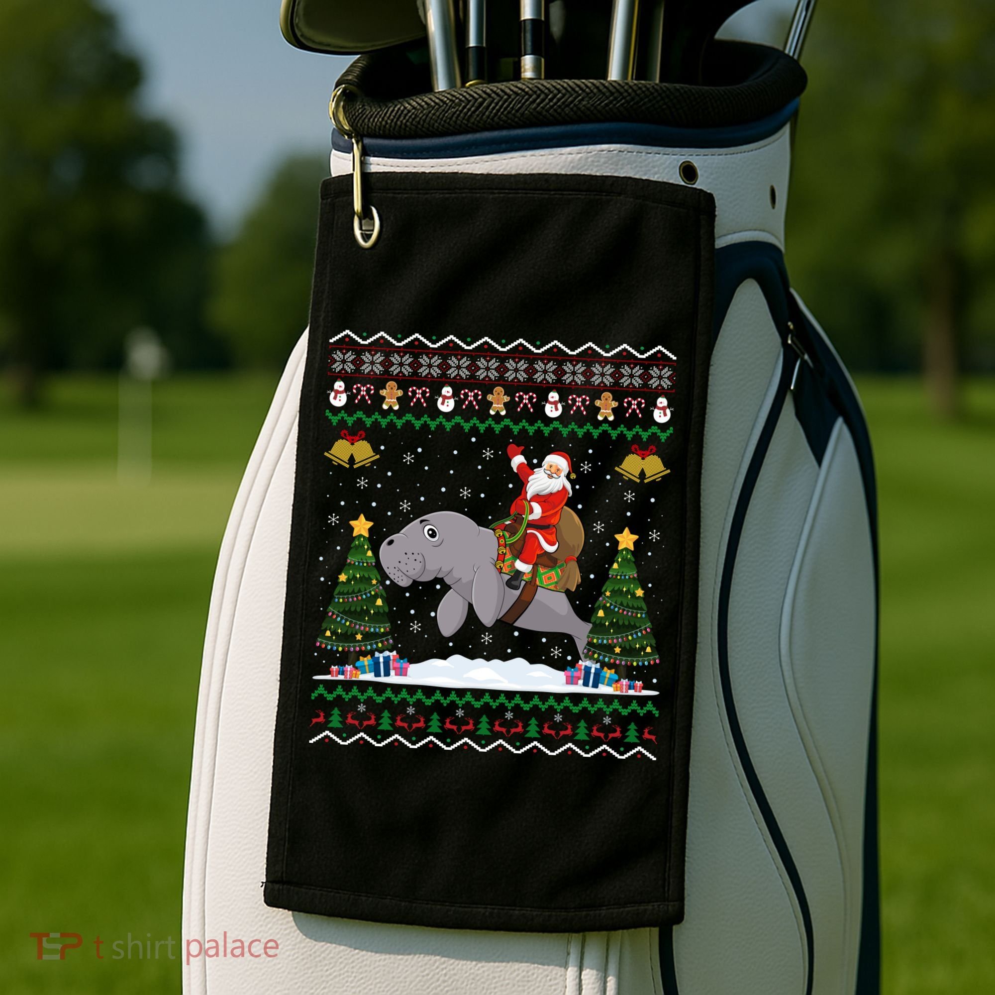 Manatee Ugly Xmas Gift Santa Riding Atee Christmas Cool Gift Golf Towel
