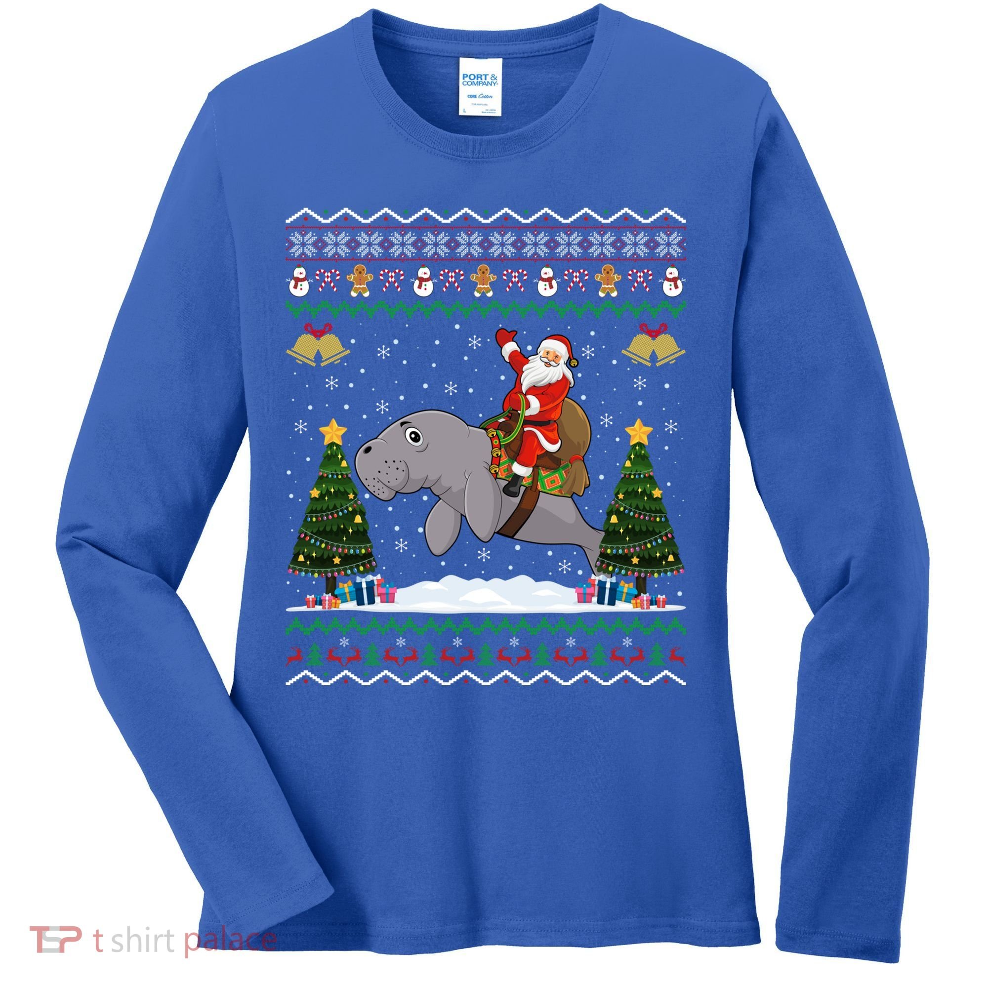 Manatee Ugly Xmas Gift Santa Riding Atee Christmas Cool Gift Women's Long Sleeve Shirt