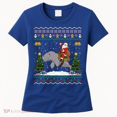 Manatee Ugly Xmas Gift Santa Riding Atee Christmas Cool Gift Women's T-Shirt