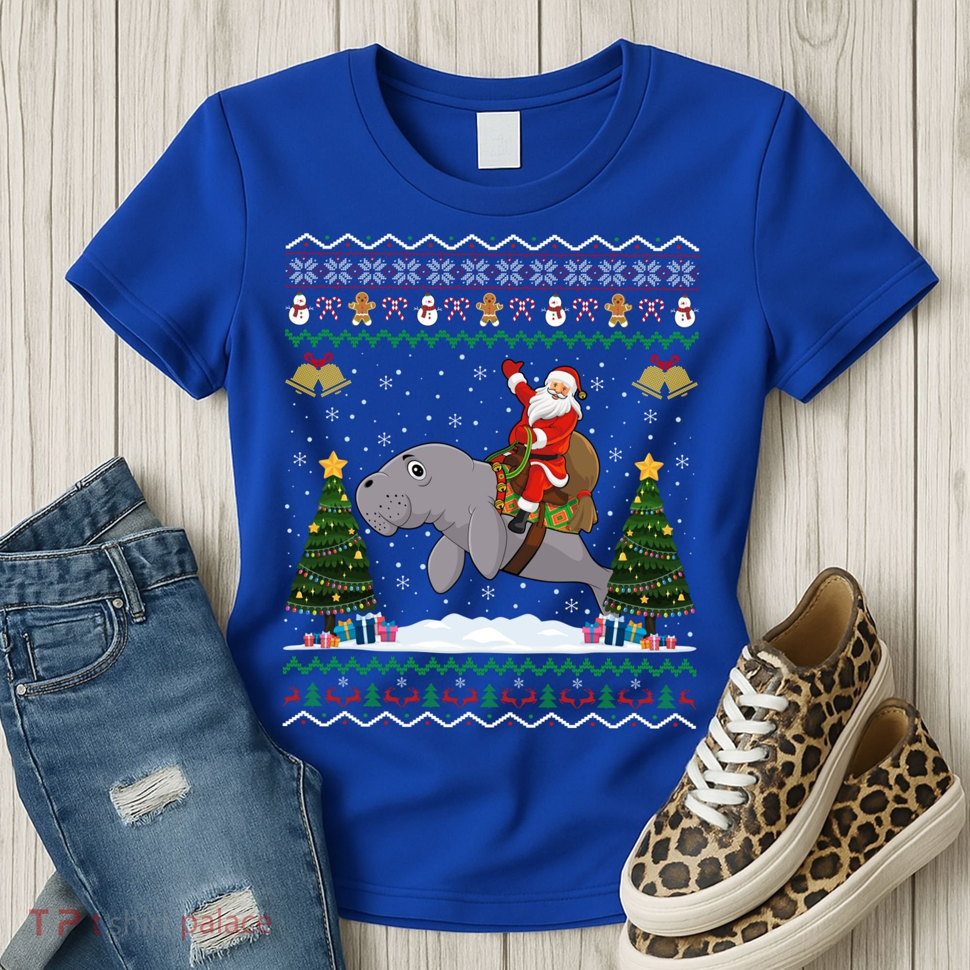Manatee Ugly Xmas Gift Santa Riding Atee Christmas Cool Gift Women's T-Shirt