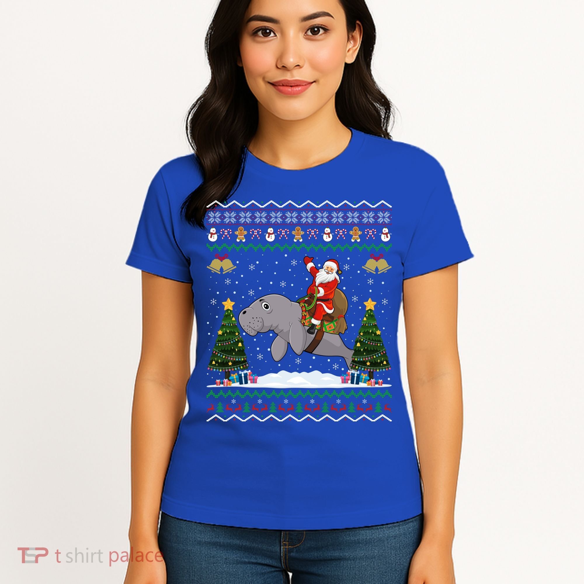 Manatee Ugly Xmas Gift Santa Riding Atee Christmas Cool Gift Women's T-Shirt