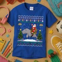 Manatee Ugly Xmas Gift Santa Riding Atee Christmas Cool Gift Kids T-Shirt thumb 3