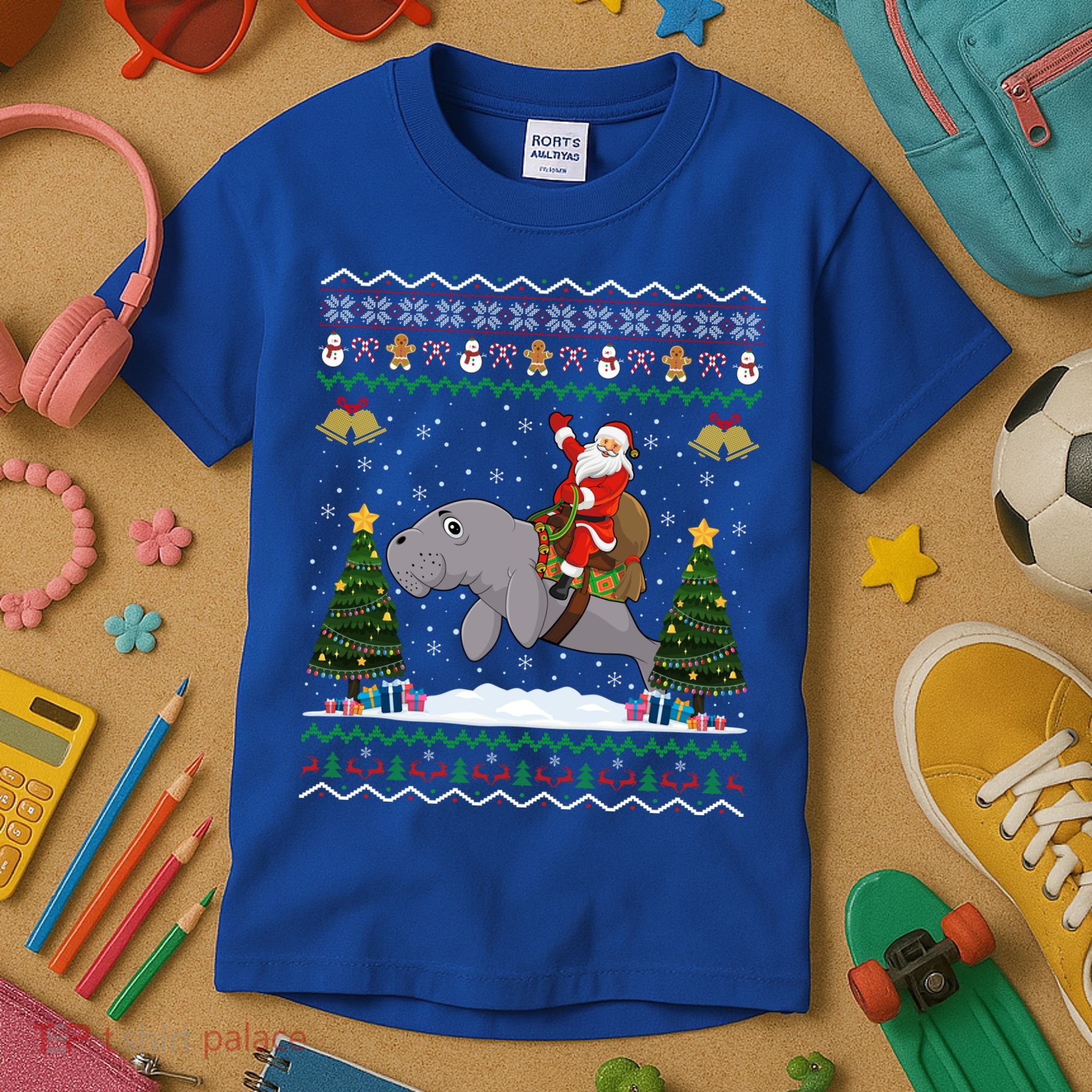 Manatee Ugly Xmas Gift Santa Riding Atee Christmas Cool Gift Kids T-Shirt