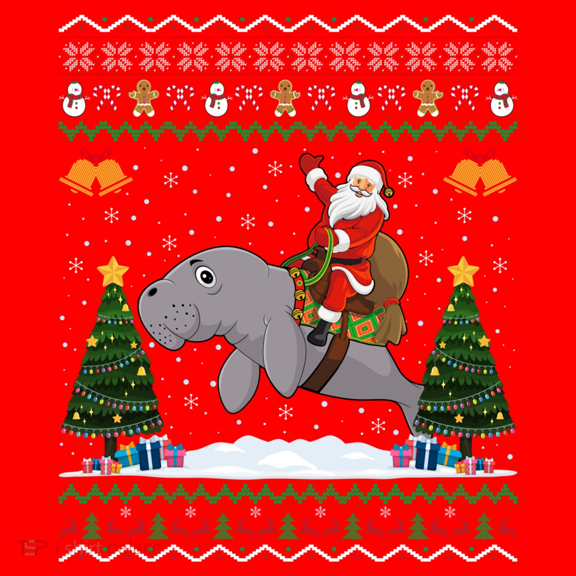 Manatee Ugly Xmas Gift Santa Riding Atee Christmas Cool Gift Santa Hat