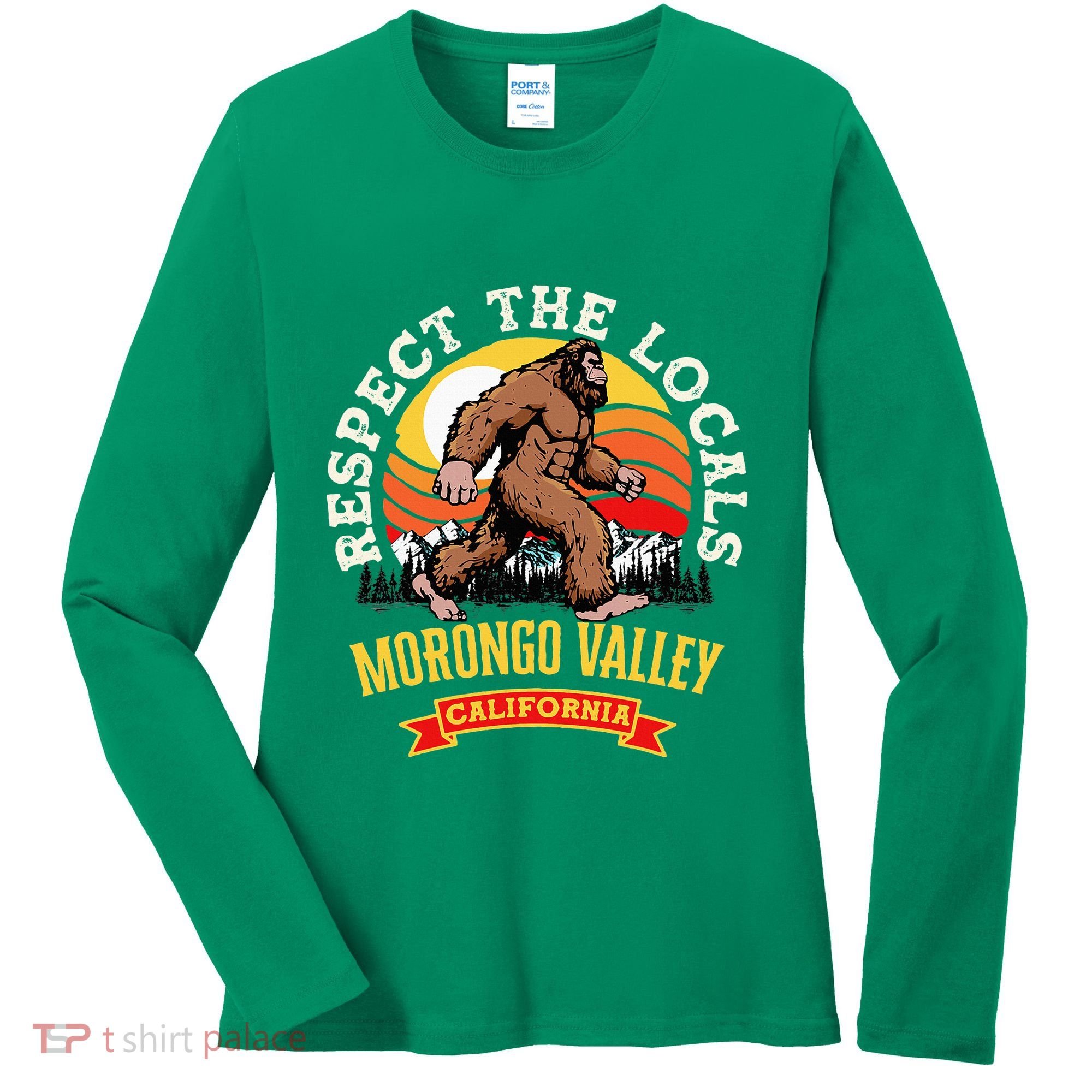 Morongo Valley California Respect The Locals Retro Bigfoot Women's Long Sleeve Shirt