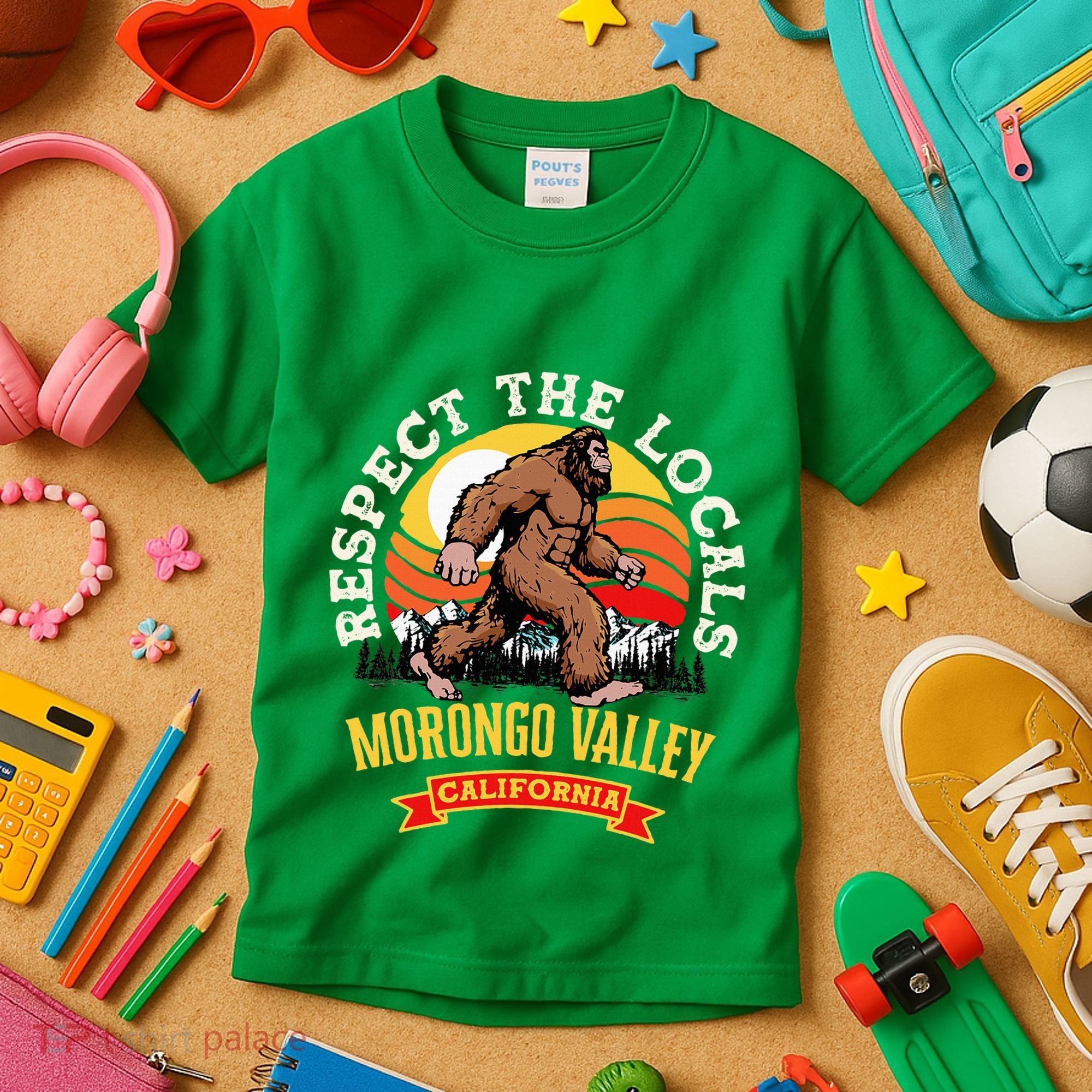 Morongo Valley California Respect The Locals Retro Bigfoot Kids T-Shirt