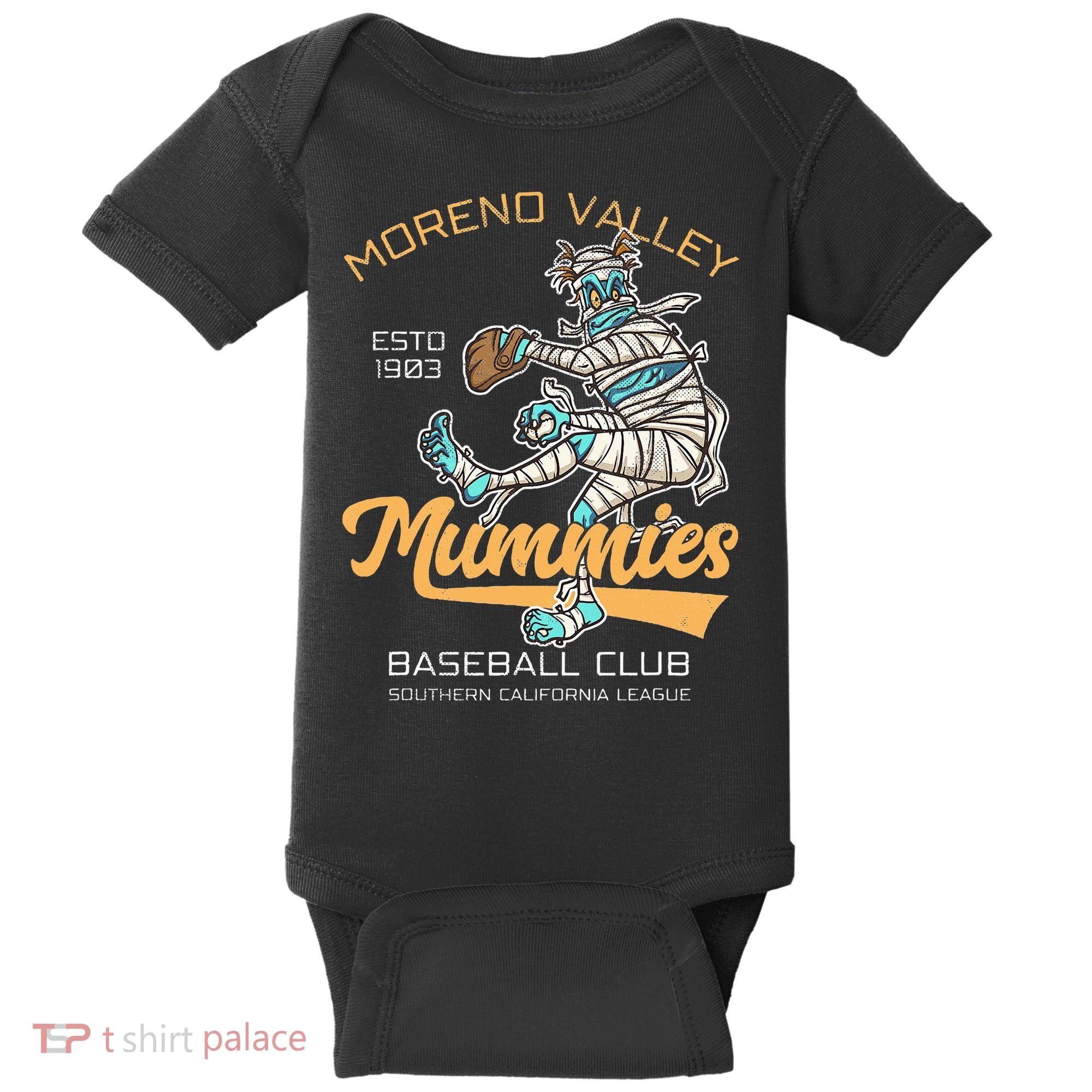 Moreno Valley Mummies Minor League Retro Baseball Team Baby Bodysuit