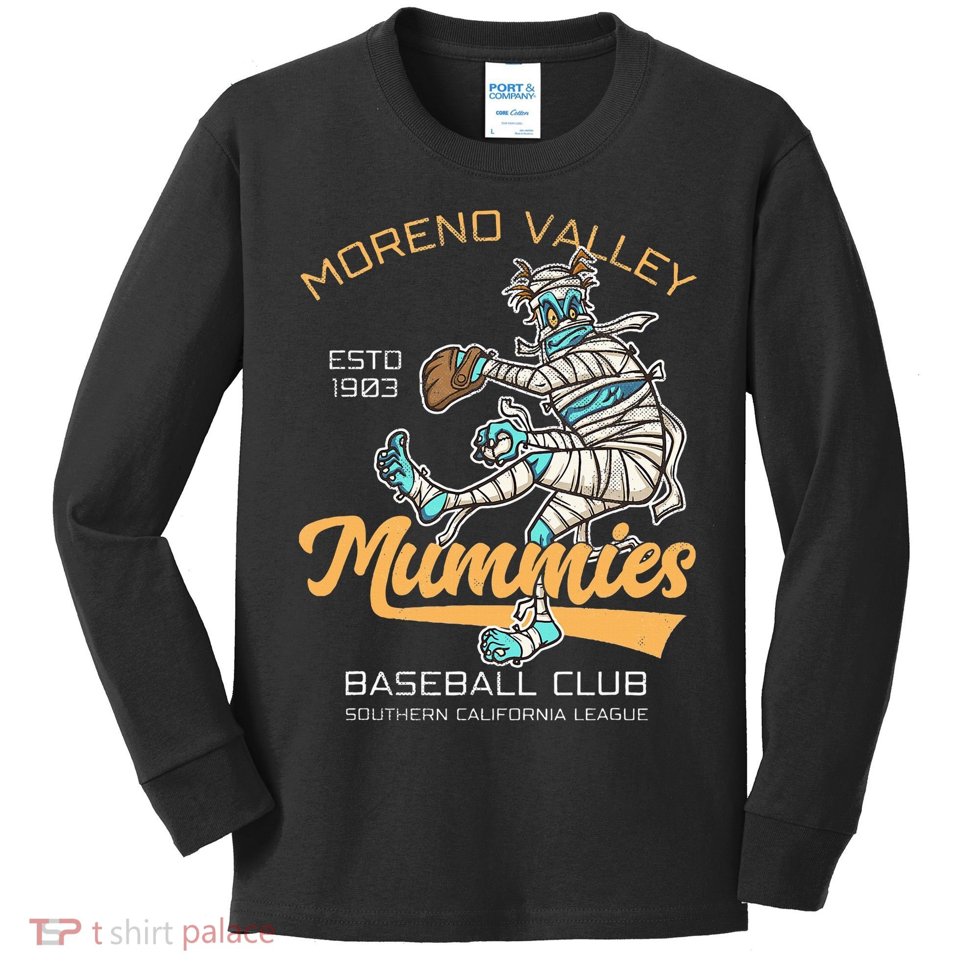 Moreno Valley Mummies Minor League Retro Baseball Team Kids Long Sleeve Shirt