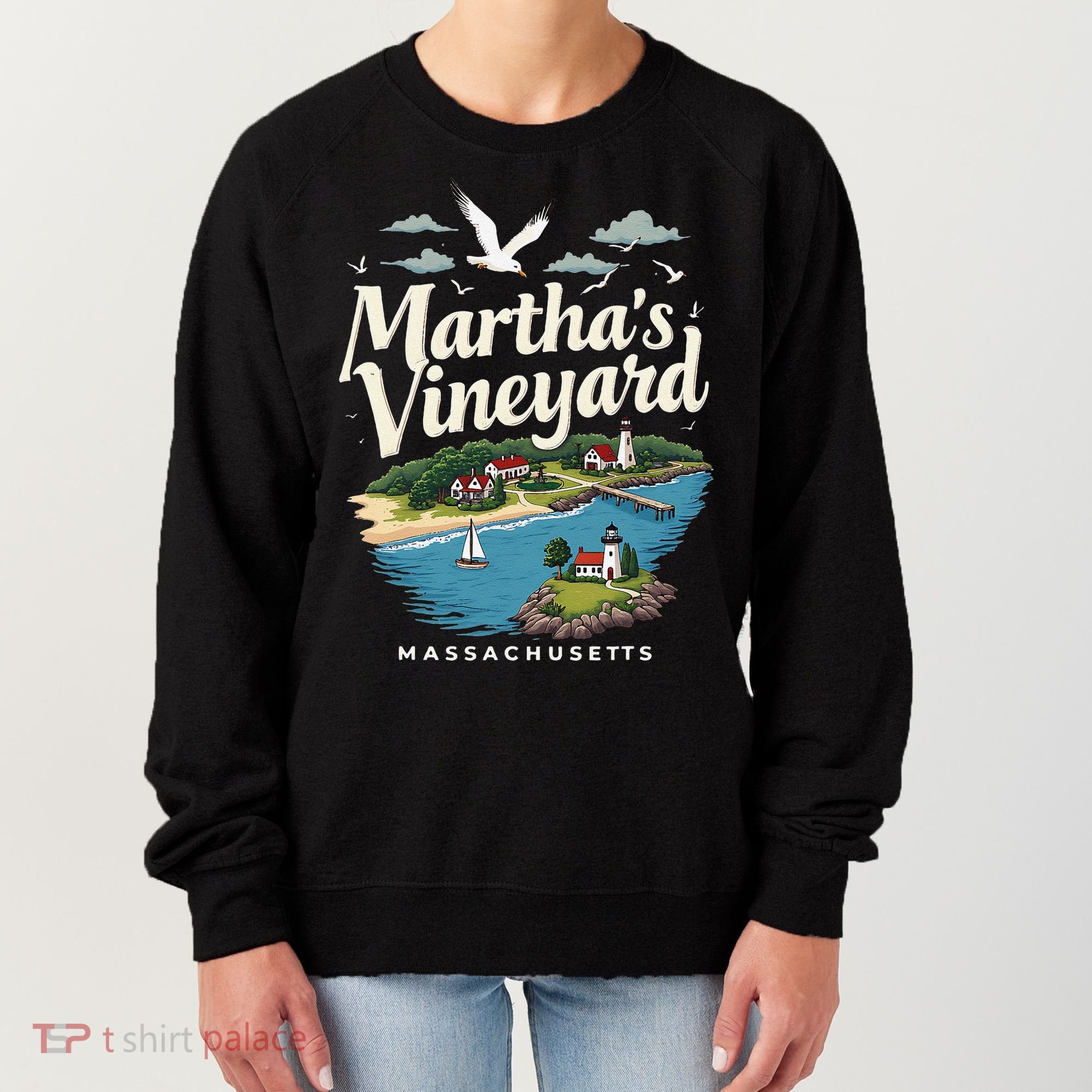MarthaS Vineyard Massachusetts Scenic Island Illustration Women's Sweatshirt
