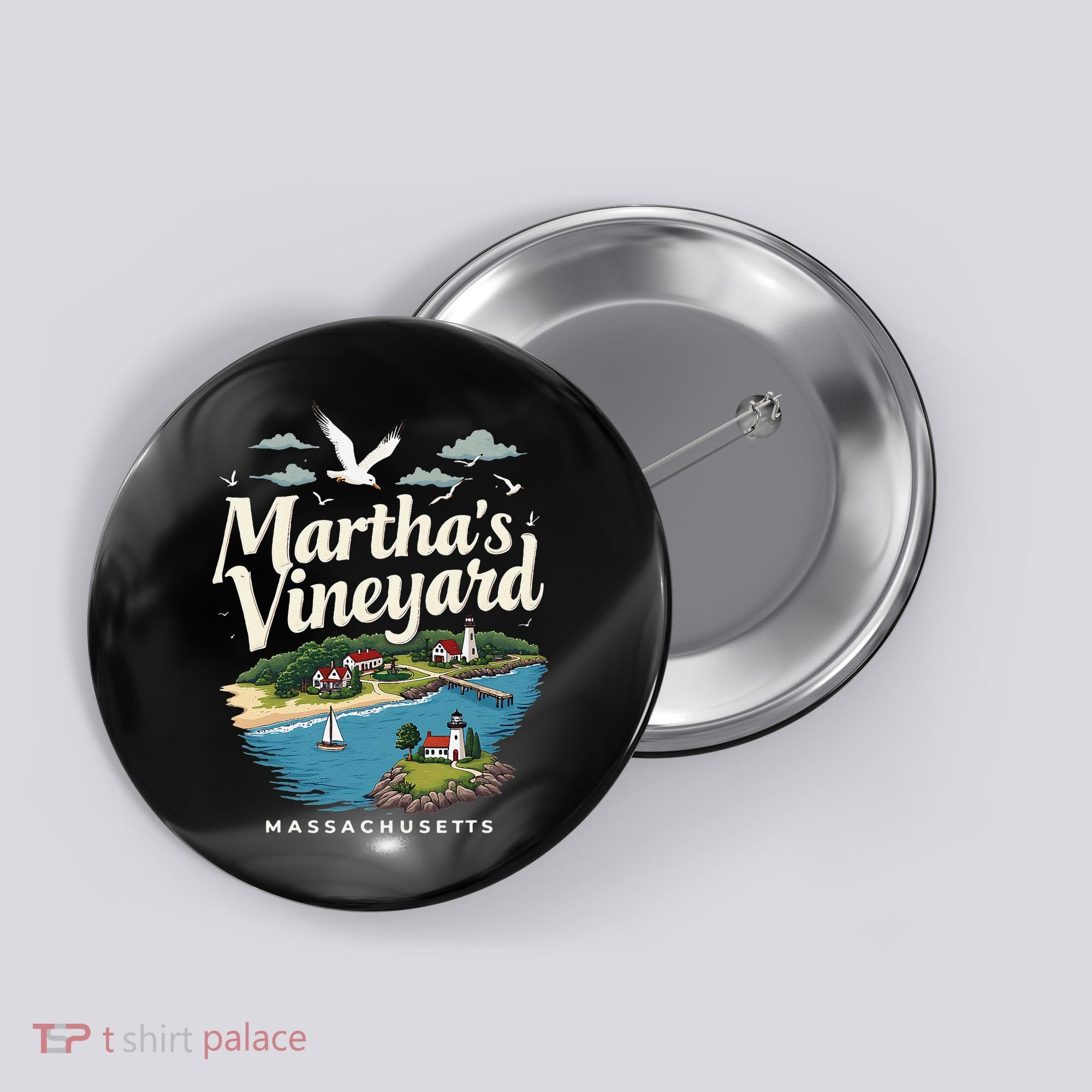 MarthaS Vineyard Massachusetts Scenic Island Illustration Button