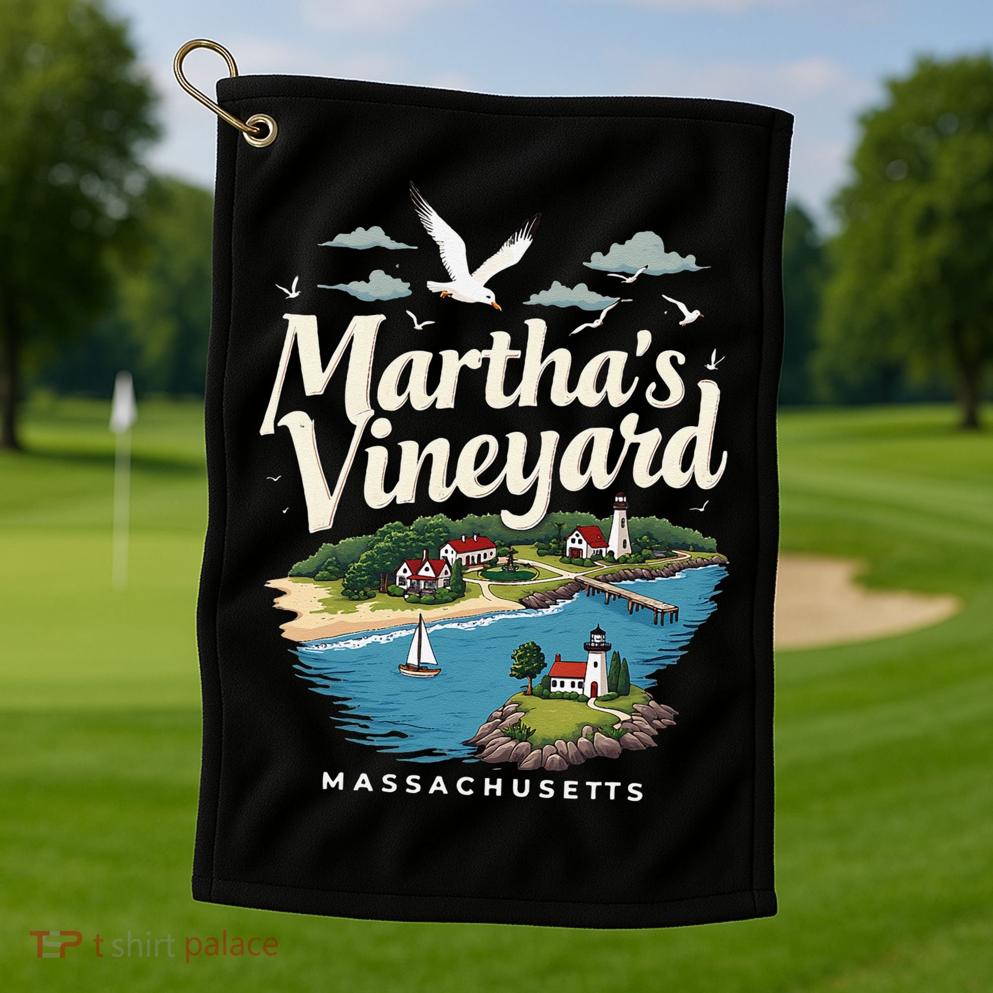 MarthaS Vineyard Massachusetts Scenic Island Illustration Golf Towel