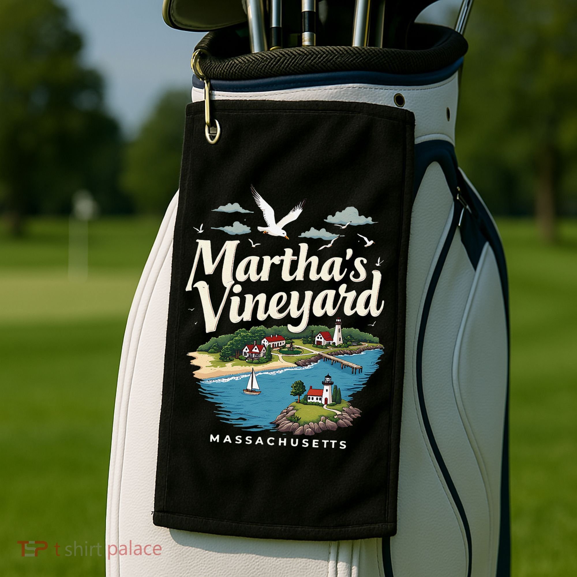 MarthaS Vineyard Massachusetts Scenic Island Illustration Golf Towel