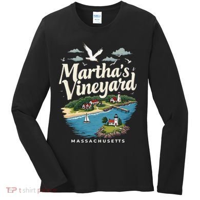 MarthaS Vineyard Massachusetts Scenic Island Illustration Women's Long Sleeve Shirt