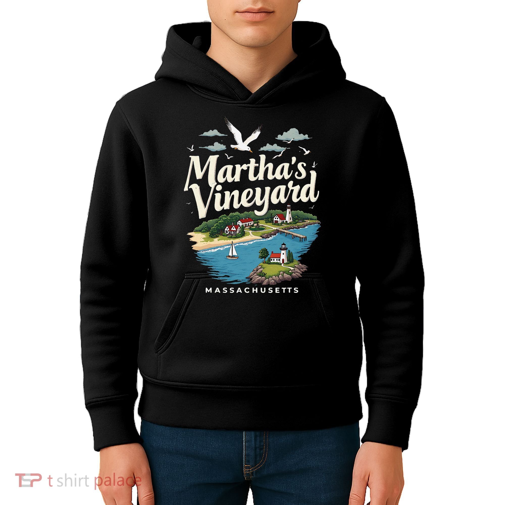 MarthaS Vineyard Massachusetts Scenic Island Illustration Kids Hoodie