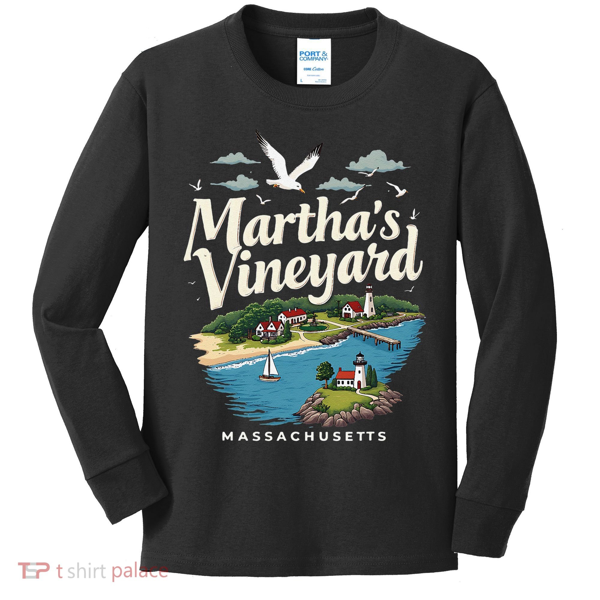 MarthaS Vineyard Massachusetts Scenic Island Illustration Kids Long Sleeve Shirt