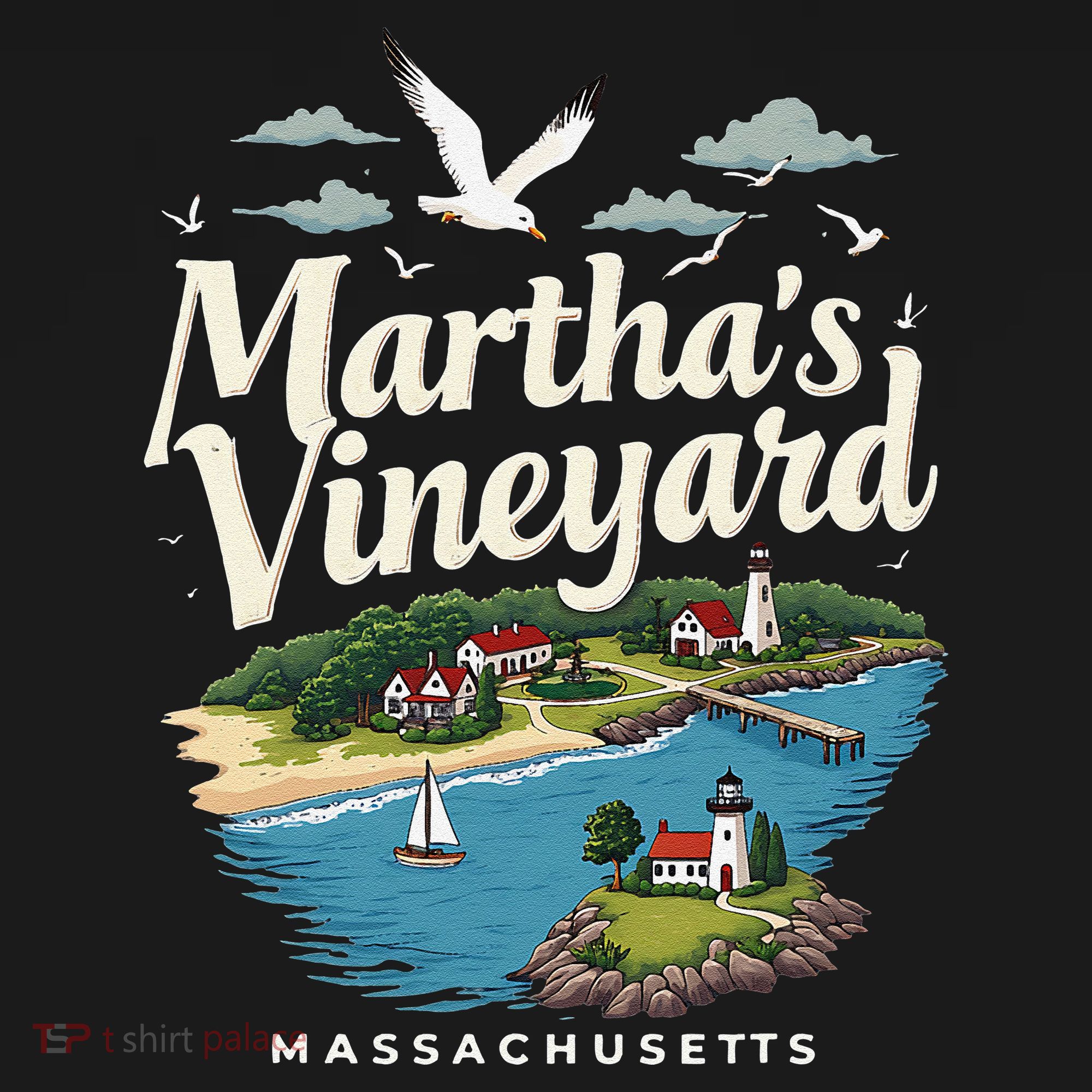 MarthaS Vineyard Massachusetts Scenic Island Illustration Kids T-Shirt