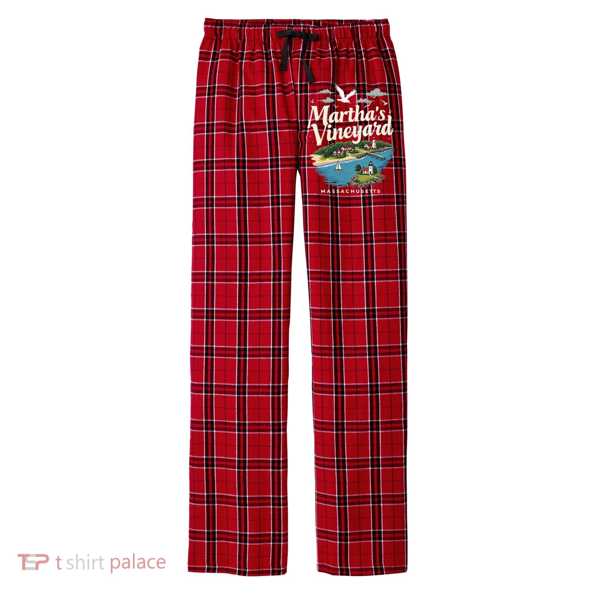 MarthaS Vineyard Massachusetts Scenic Island Illustration Men's Flannel Plaid Pajama Pants